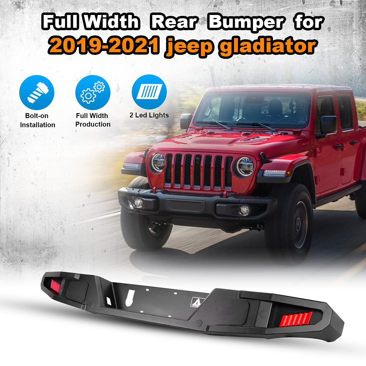 Rear Bumper WOLFSTORM Compatible with 2019 2020 2021 Jeep Gladiator JT, Rock Crawler Full Width with 2 Led Lights/Hitch Receiver