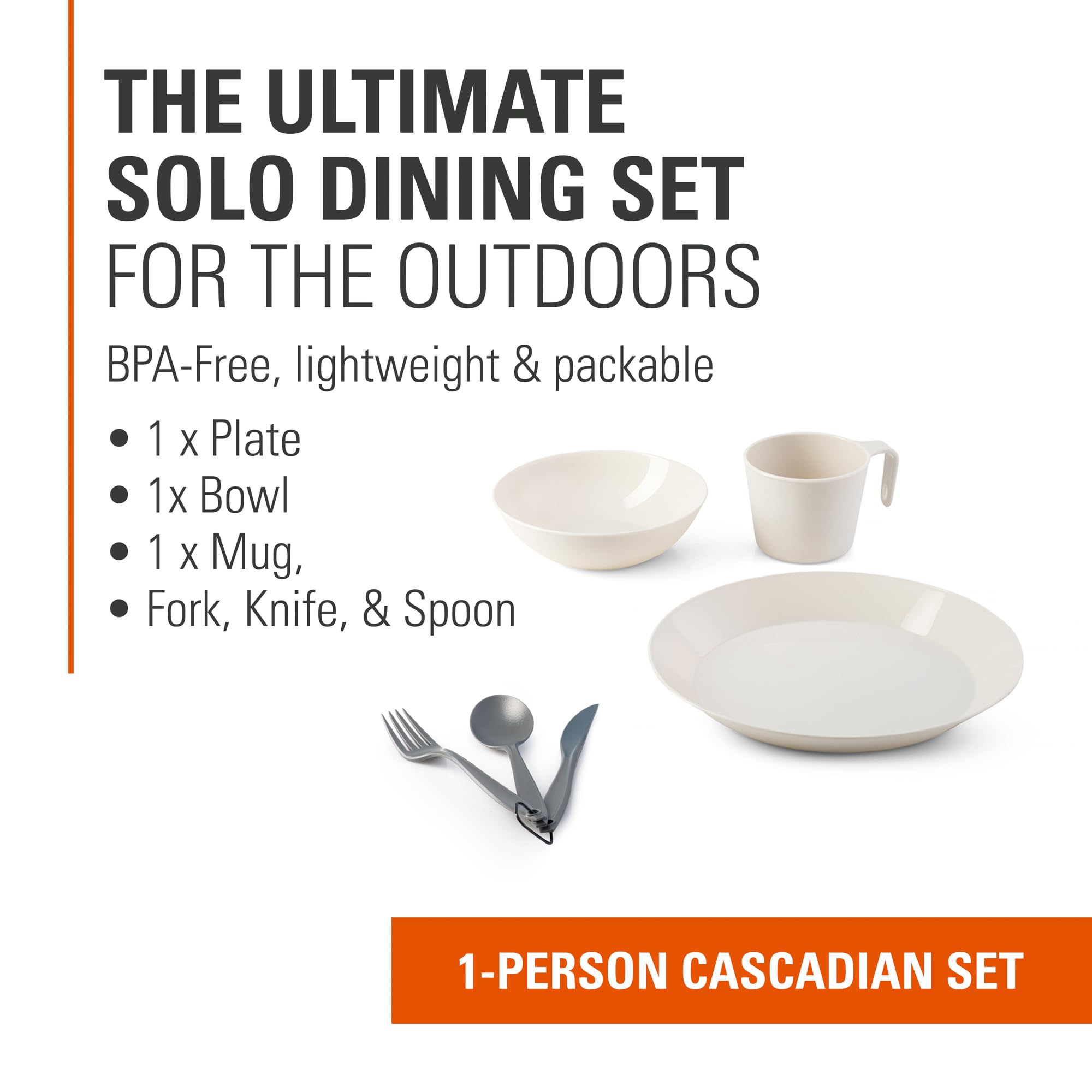 Cascadian GSI Outdoors 1 Person Table Set I 6-Piece Camping, Backpacking Mess Kit, Plastic BPA Free, Plate, Bowl, Mug, Cup & Cutlery Set - Sandstone