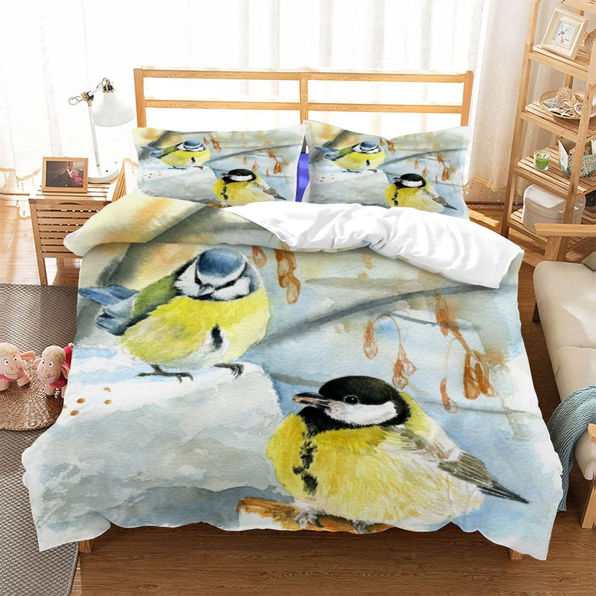 3 Pc ZHJB Bedding Set 3D Printed Duvet Cover Set Watercolor Painting Blue tit and Great tit in Winter Polyester Cover Decorated Quilt Cover (Size : 180 * 210+50 * 75 * 2)