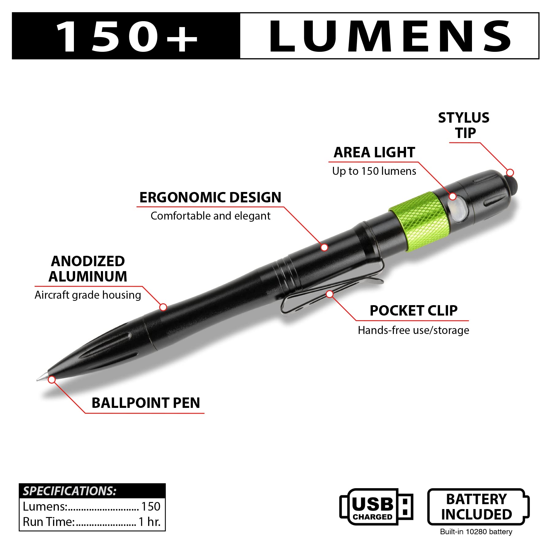 W2674 Performance Tool 3-in-1 Retractable Pen, Stylus & Area Light with 150 Lumens - Rechargeable Li-Ion Battery & Aircraft Grade Aluminum Housing