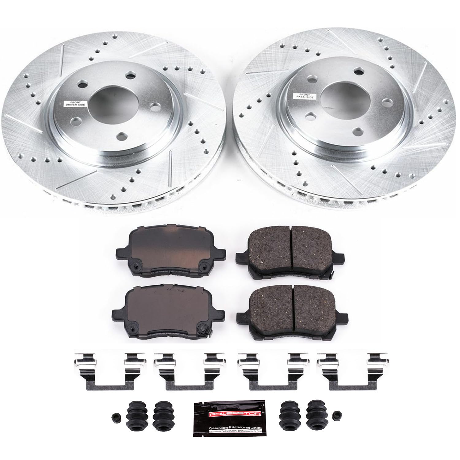 Power Stop K1610 Z23 Carbon Fiber Brake Pads with Drilled & Slotted Brake Rotors Kit For Cobalt, Cob, HHR, Malibu, Pontiac, Pontiac G6, Aura, Ion [Model Specific]