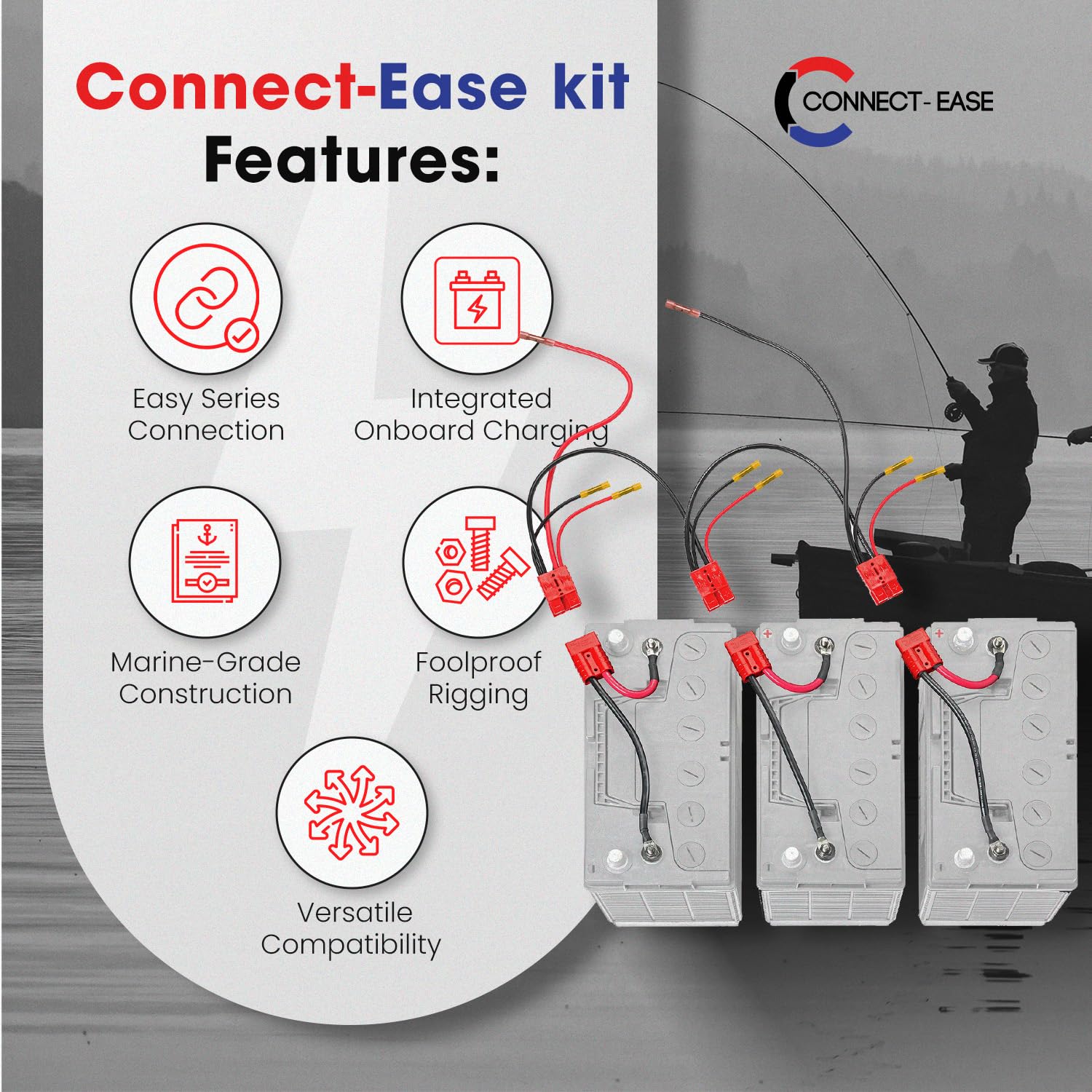 36V Connect-Ease Trolling Motor Connection Kit RCE36VBCHK | Series Connection for 12V Batteries with Onboard Battery Charger | Powers any 36V Trolling Motors | Plug and Play | Batteries Not Included