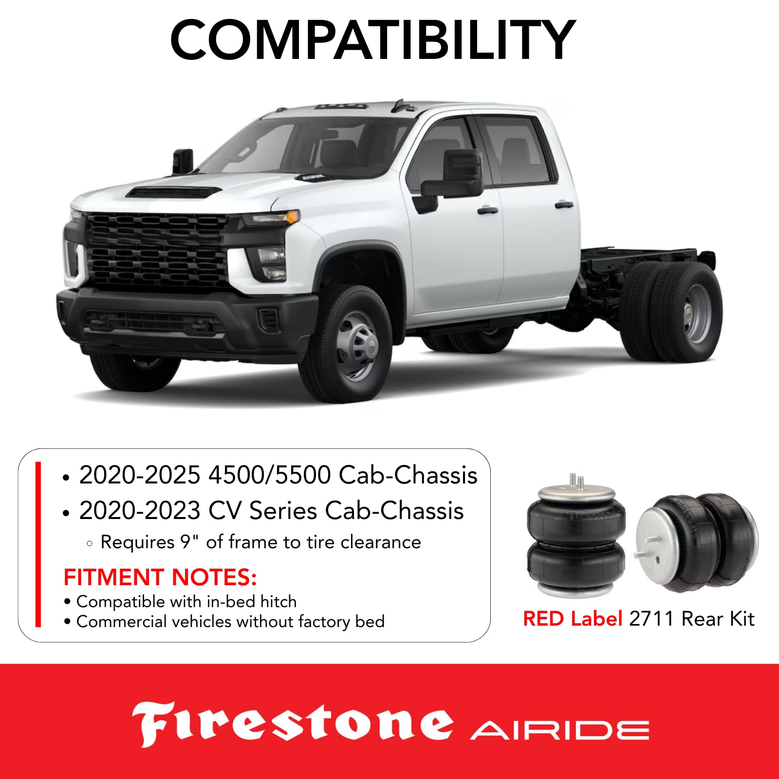 Firestone 2711 Airide Red Label Rear Springs Kit fits 2020-2025 4500 5500 Cab-Chassis and 2020-2023 CV Series Cab-Chassis | 5-150 PSI | Load Capacity of 7,500 Pounds | No Drill Install