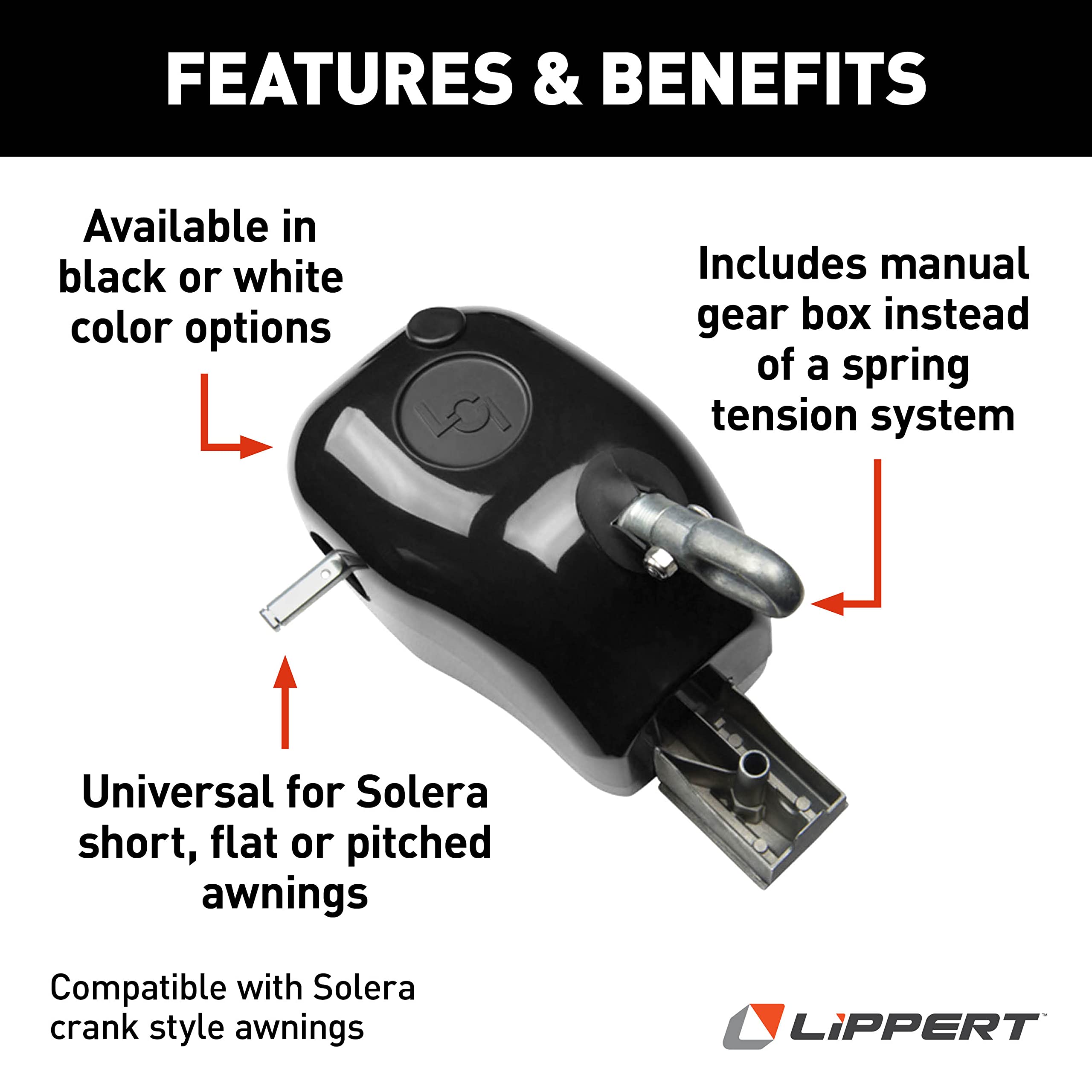 300031 Lippert Components Solera Manual Crank Style Awning Drive Head Assembly, Black