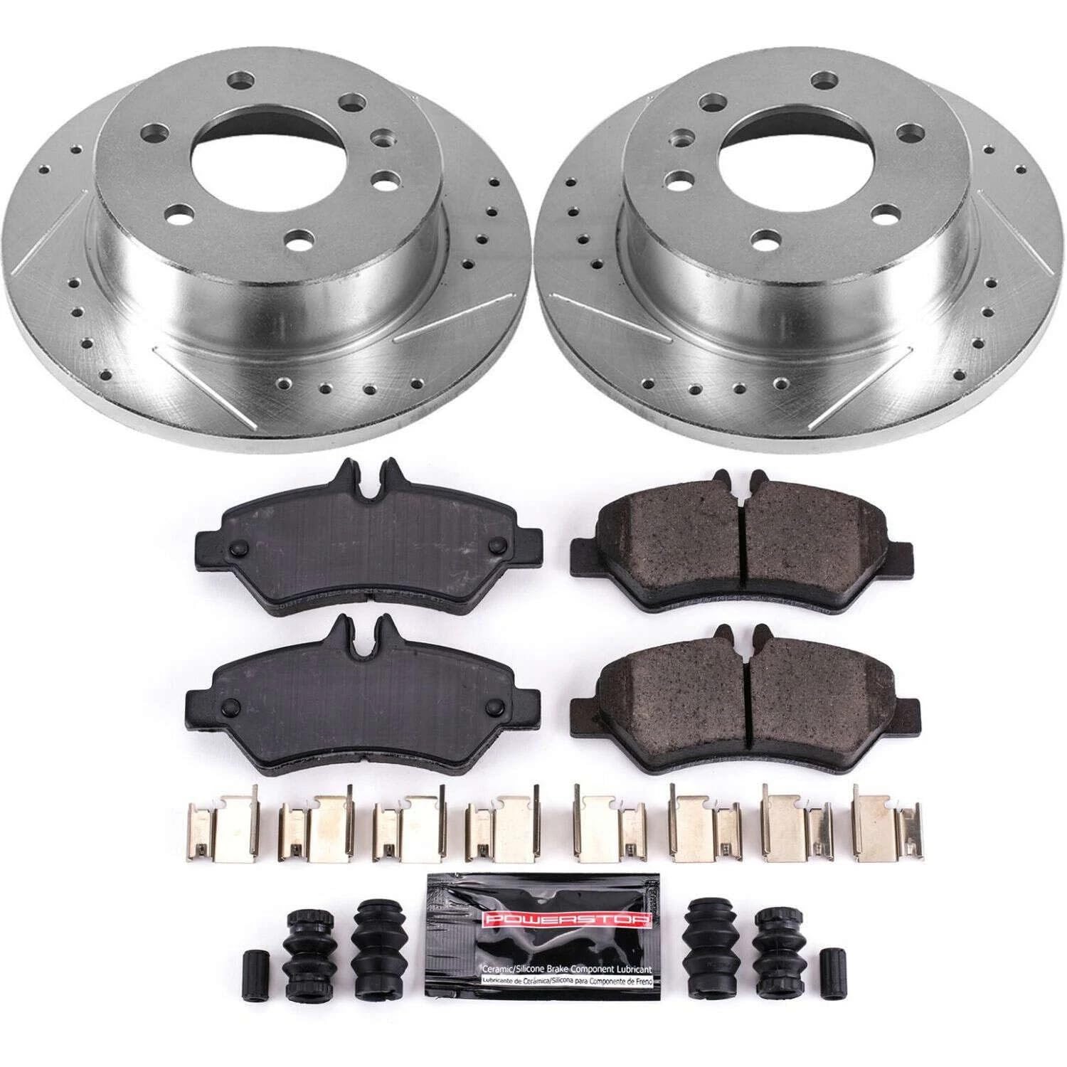 Power Stop K6198 Z23 Carbon Fiber Brake Pads Rear with Drilled & Slotted Brake Rotors Kit For Sprinter 2500, Sprinter 3500, Freightliner Sprinter 2500, Freightliner Sprinter 3500 [Model Specific]