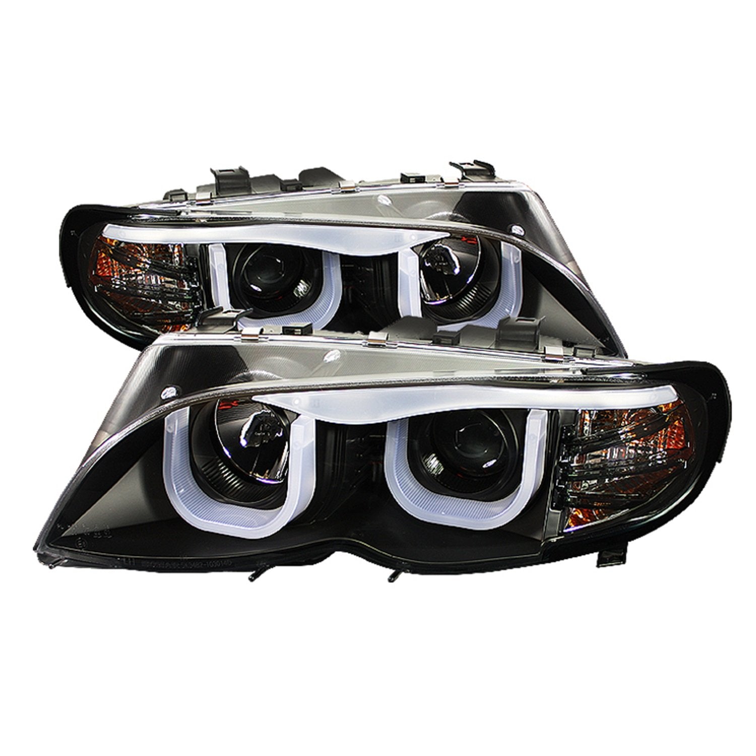 BMW E46 3-Series 02-05 4DR Spyder 5031877 Projector Headlights - 3D Halo - Black - High H1 (Included) - Low H7 (Not Included)