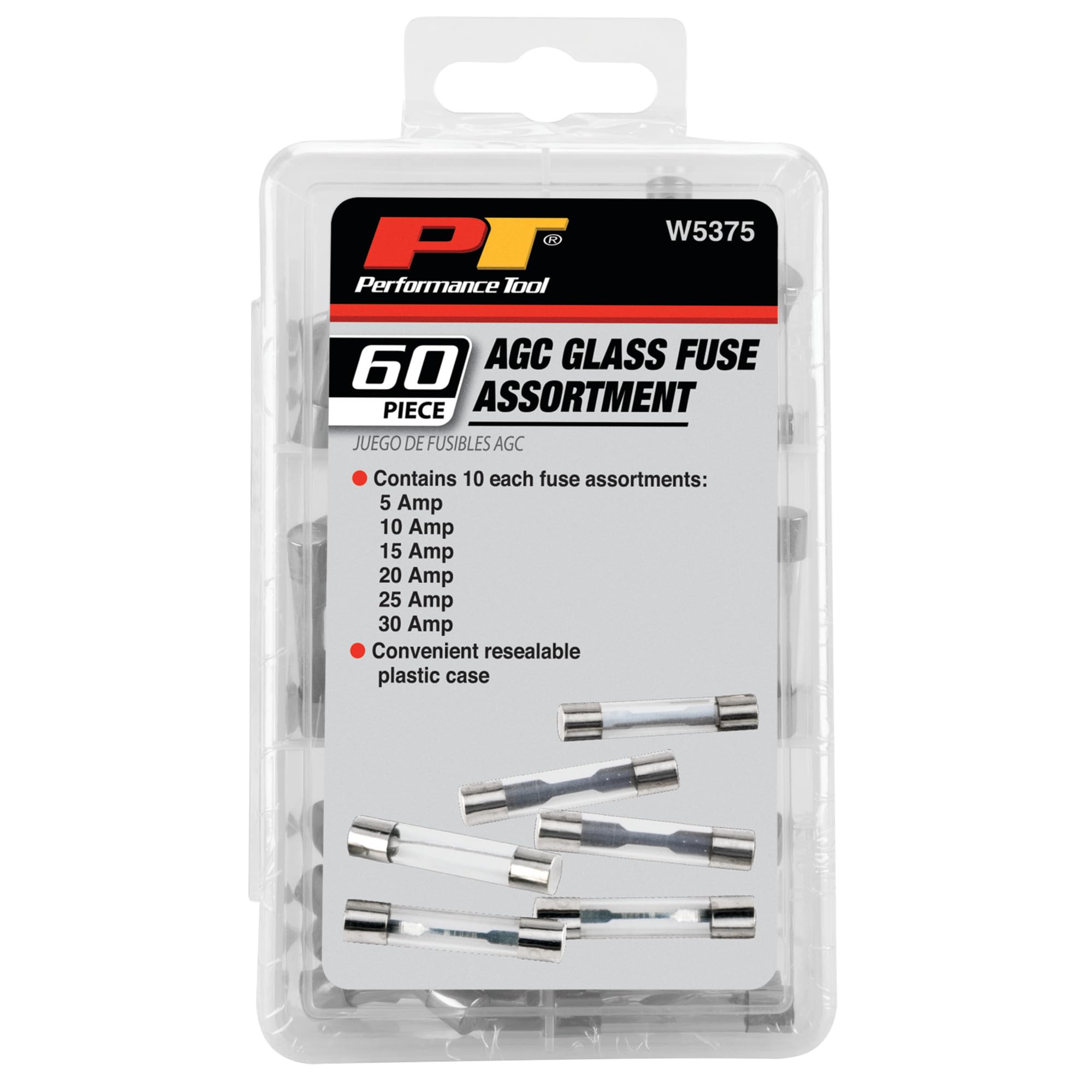 W5375 Performance Tool 60pc AGC Glass Fuse Assortment (5A, 10A, 15A, 20A, 25A, and 30A) in a Clear Plastic Case