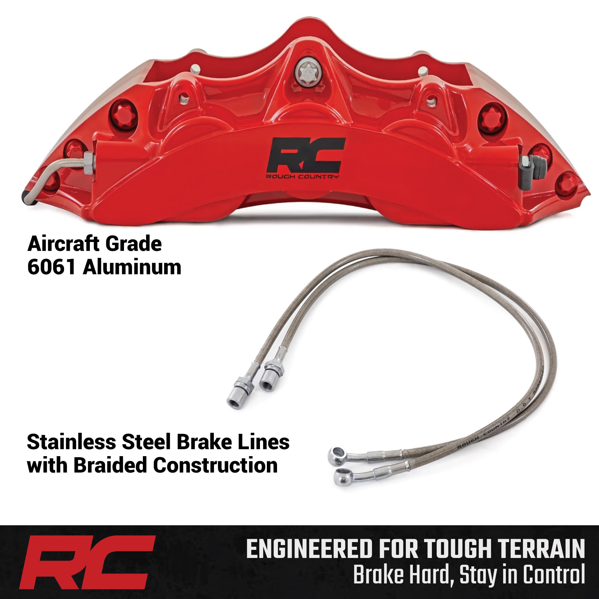 Rough Country Performance Front Brake Kit for Jeep Wrangler JL (2011-2018) - 6-Piston Calipers, Drilled & Slotted Rotors, Stainless Steel Lines, Heavy-Duty Upgrade