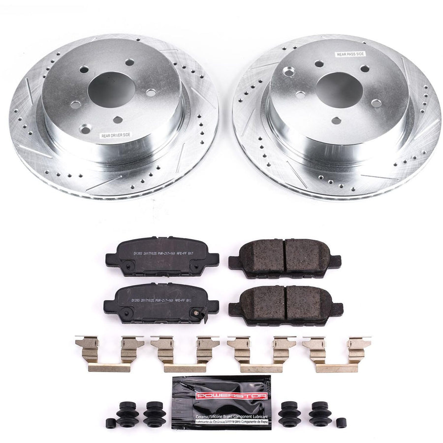 Power Stop K8021 Rear Z23 Brake Pads with Drilled & Slotted Brake Rotors Kit For FX35, F, Q50, Q60, Q70, Q70L, Q, QX70 [Model Specific]