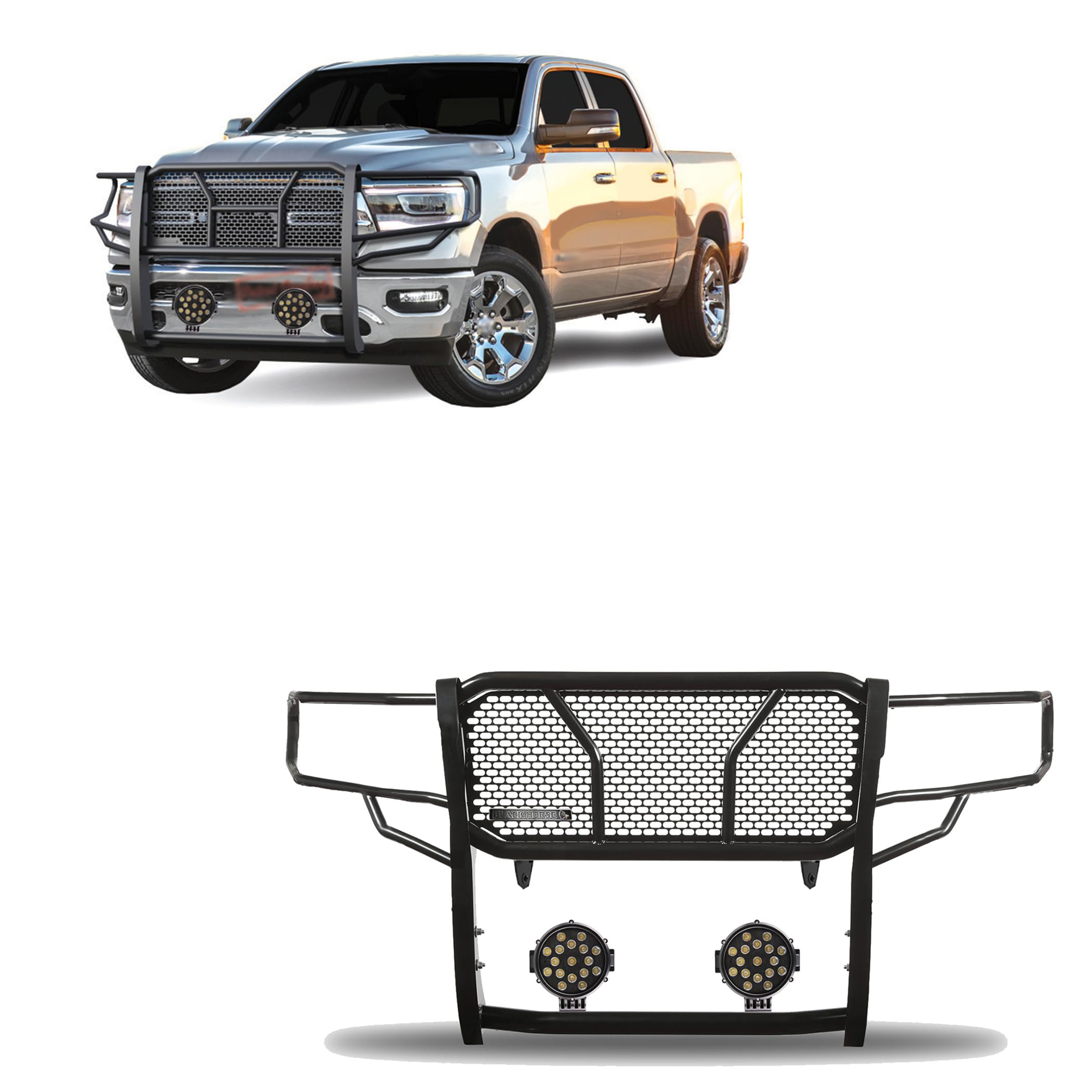 Heavy Duty Black Horse Rugged Grille Brush Bumper Guard Modular Black Come with Pair of 7.0" Dia.LED Lights with Black Trim Rings Compatible with 2019-2025 Ram 1500-RU-DORA19-B-PLB