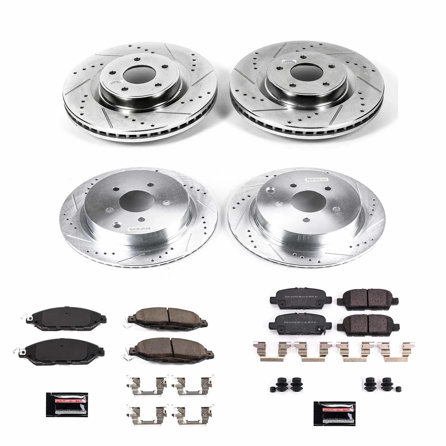 Power Stop K8347 Z23 Carbon Fiber Brake Pads Front and Rear with Drilled & Slotted Brake Rotors Kit For INFINITI QX60 2019 [Model Specific]