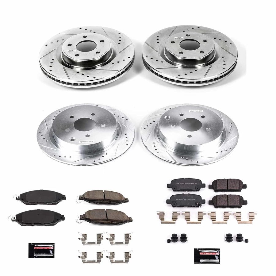 Power Stop K8347 Z23 Carbon Fiber Brake Pads Front and Rear with Drilled & Slotted Brake Rotors Kit For INFINITI QX60 2019 [Model Specific]
