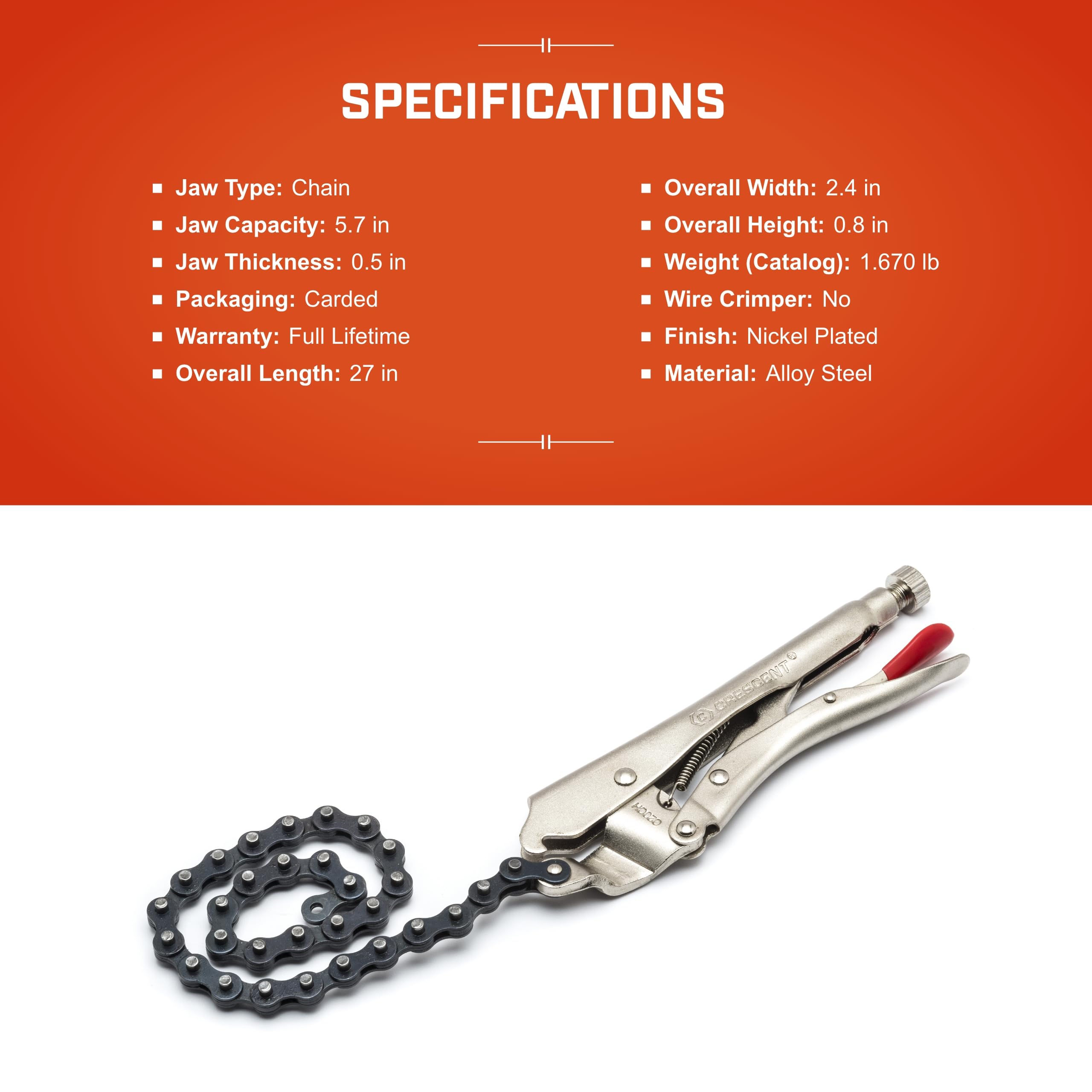 Crescent Chain Clamp Locking with 18" Chain - Nickel-Plated Metal Clamp - Features Compound Action & Hex Key Receiver - C20CHN - 9", Red
