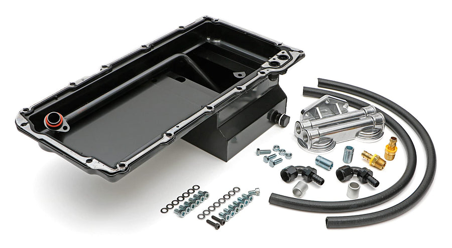 LS SWAP OIL PAN/FILTER RELOCATION KIT; TRANS-DAPT PERFORMANCE; DOUBLE FILTER; HORIZONTAL PORT; BLACK PAN (0182)