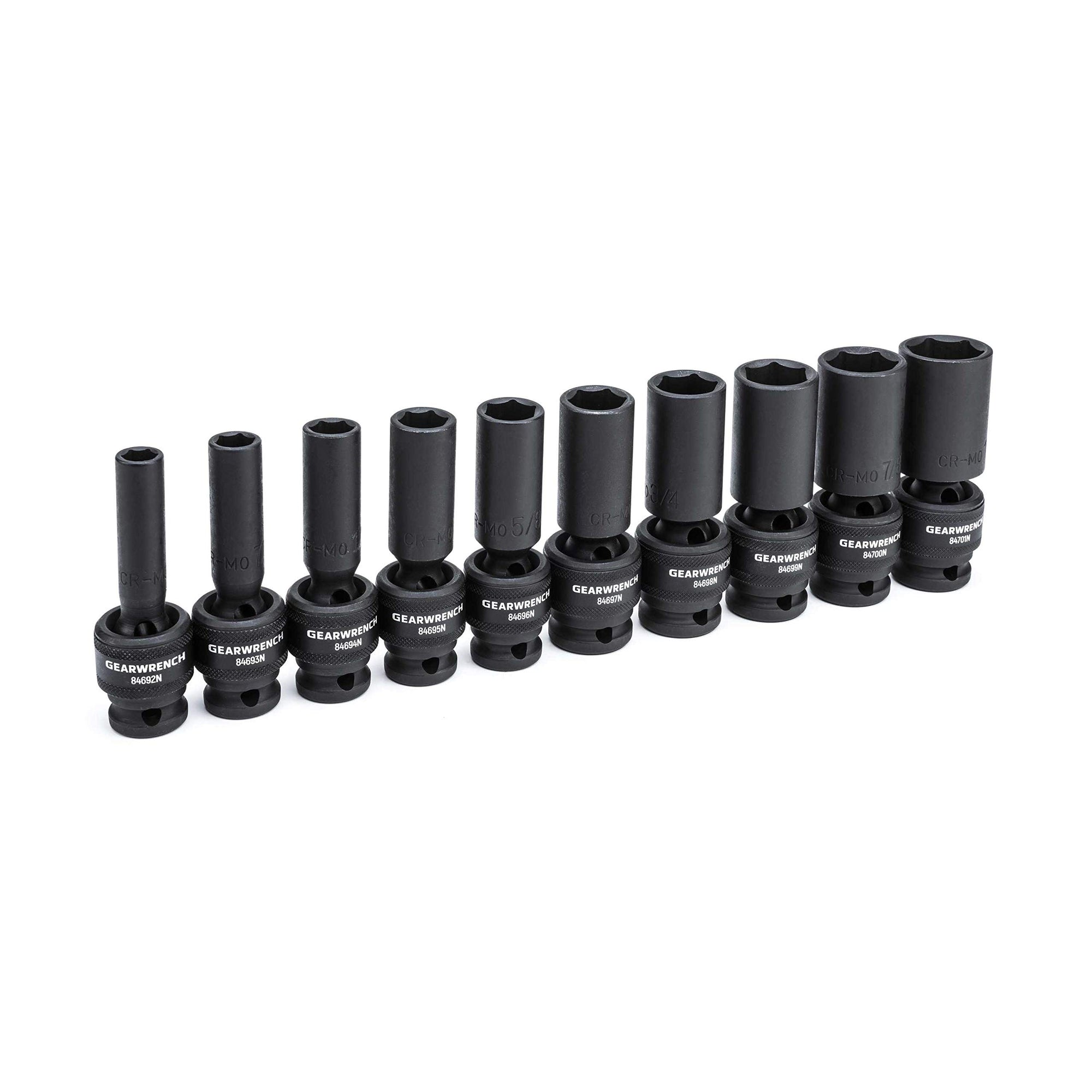 10 Pc. GEARWRENCH 1/2" Drive 6 Pt. Deep Universal Impact Socket Set, SAE - 84943N