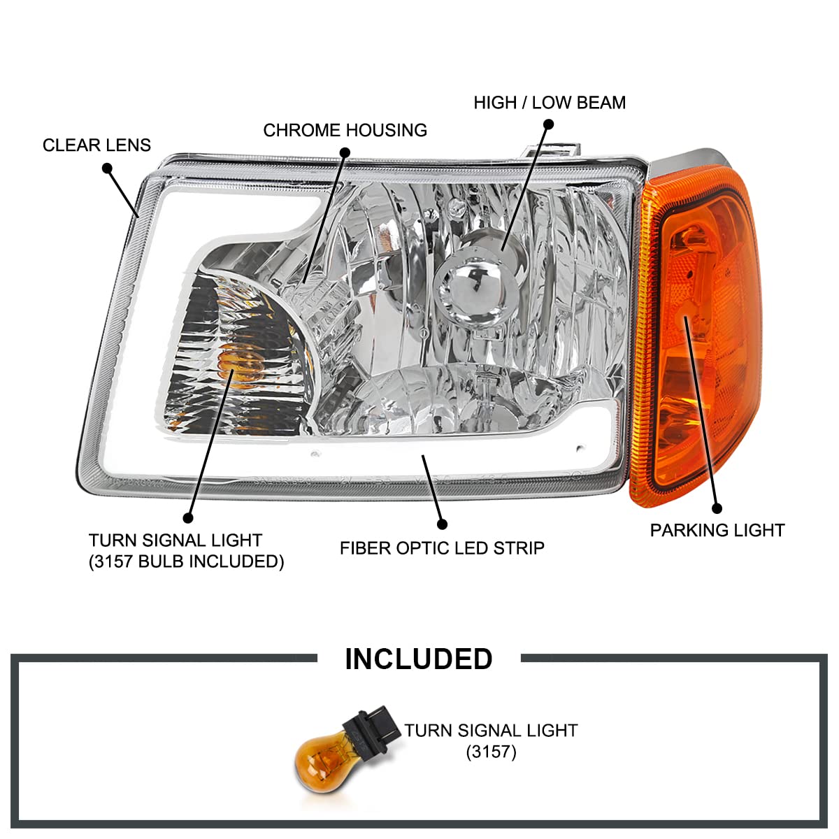 Chrome LED Tube Headlights SPEC-D TUNING Compatible with 2001-2011 Ford Ranger, Left + Right Pair Headlamps Assembly