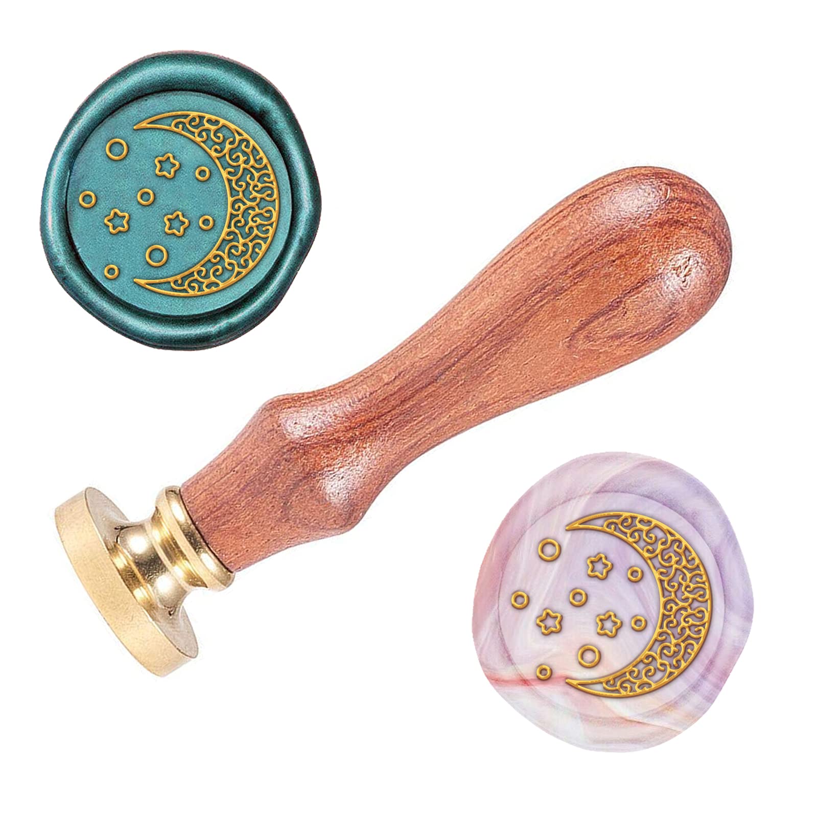 Wood Wax Seal Stamp SUPERDANT 0.98" Star Moon Pattern Removable Stamp with Brass Head and Wood Handle for Gift Wine Bag Wedding Invitation Envelope