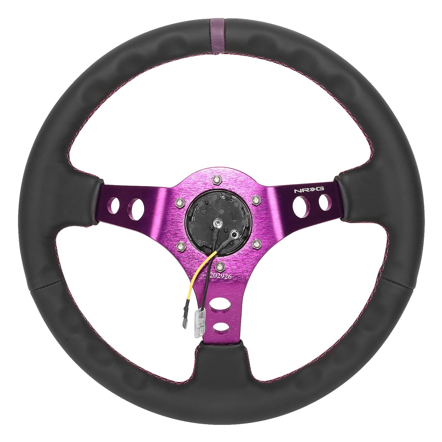 NRG Innovations Reinforced NRG-RST-006PP Steering Wheel 350MM Sport Steering Wheel (3" Deep), Black Leather, Purple Center Mark with Purple Stitching