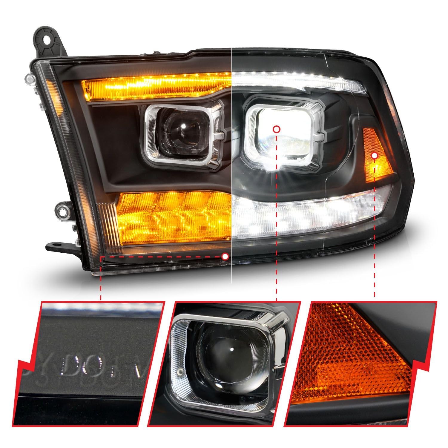 09-18 Dodge Ram 1500/2500/3500 ANZO Full LED Proj Headlights w/Switchback Light Bar - Black