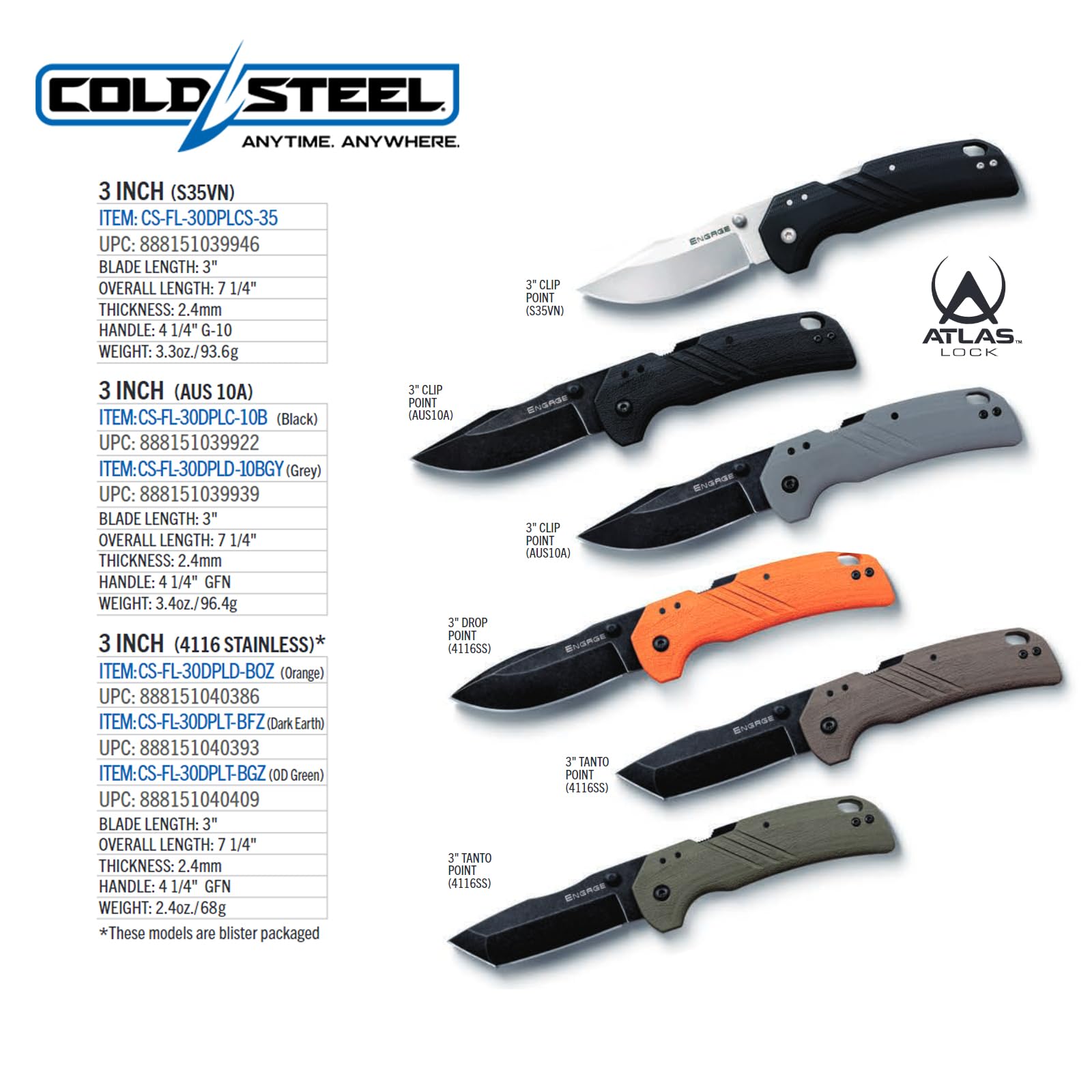 3" COLD STEEL Engage S35VN Razor-Sharp Clip Point Blade 4.25" G-10 Handle Everyday Carry Tactical Folding Knife with Atlas Lock