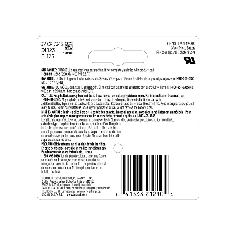 Lithium Duracell 123 3 Volt Camera Battery DL123AB2PK 2 pk