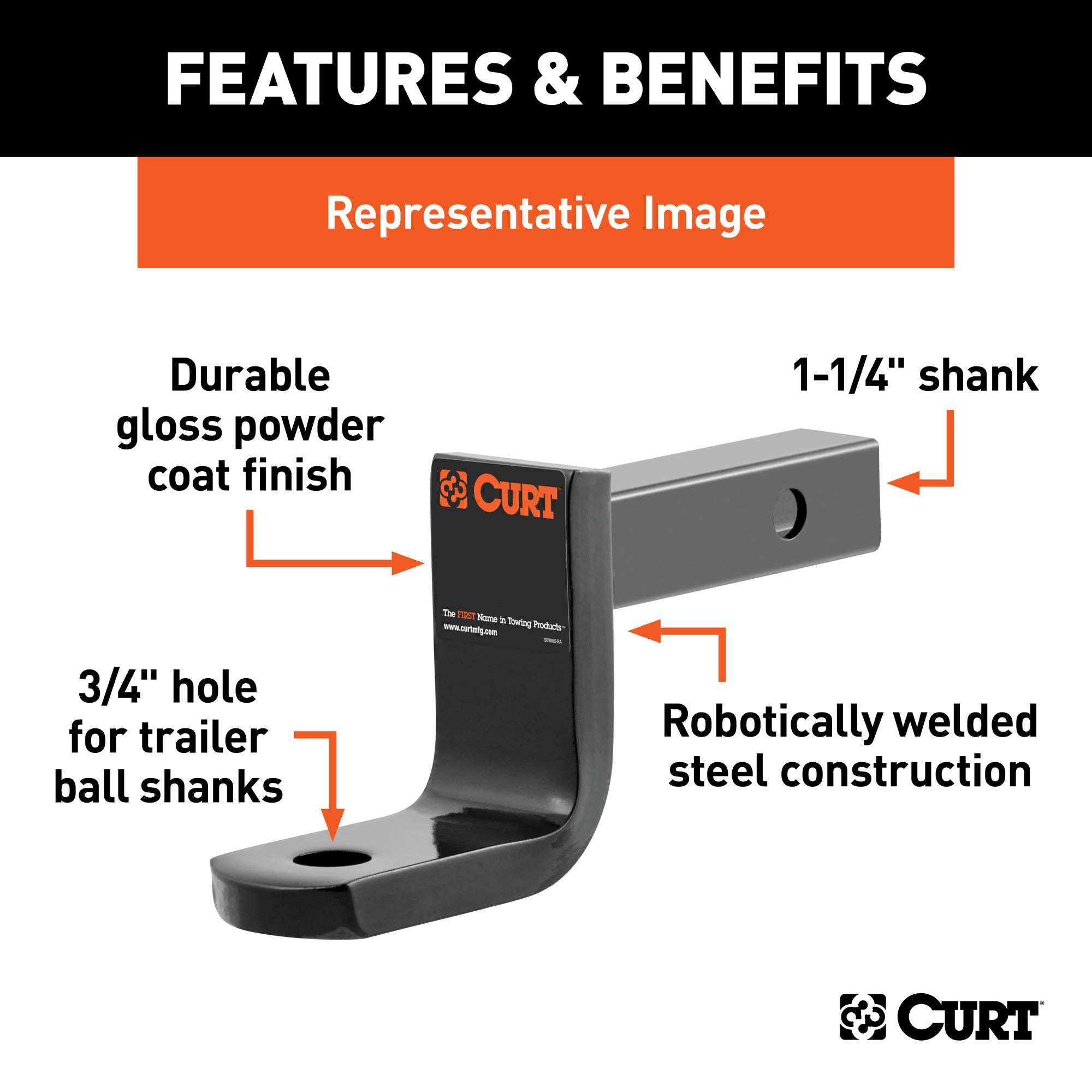 CURT 45022 Trailer Hitch Ball Mount Class 1, Fits 1-1/4-Inch Receiver, 2,000 lbs, 3/4-Inch Hole, 3-1/4-Inch Drop, 2-5/8-Inch Rise, Gloss Black Powder Coat