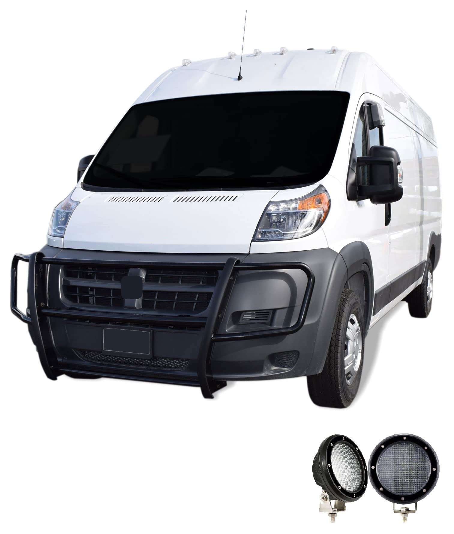 Spartan Black Horse Grille Brush Bumper Guard Modular Come with Pair of 5.3" LED Lights with Black Trim Rings Compatible with 2014-2022 Ram Promaster 1500/2500/3500-17DOPRMA-PLFB