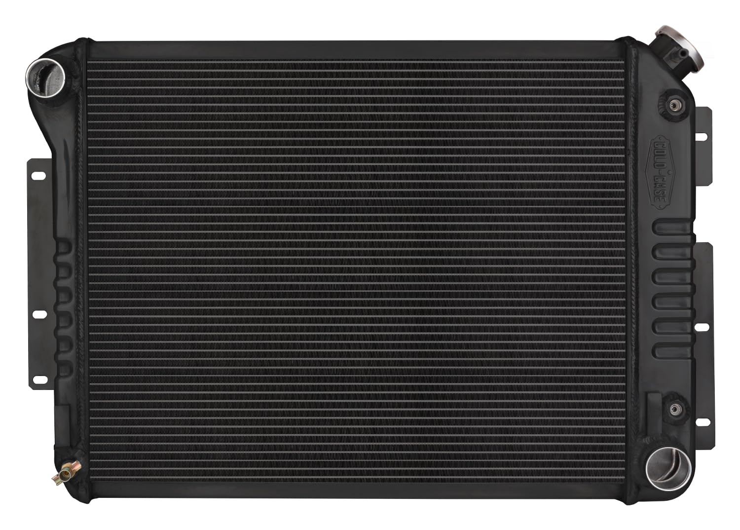 Cold Case Radiator, Black Night Rider Series Radiator, 28.8 in W x 18.5 in H x 3 in D, Driver Side Inlet, Passenger Side Outlet, Aluminum, Black Paint, Automatic, GM F-Body 1967-69, Each