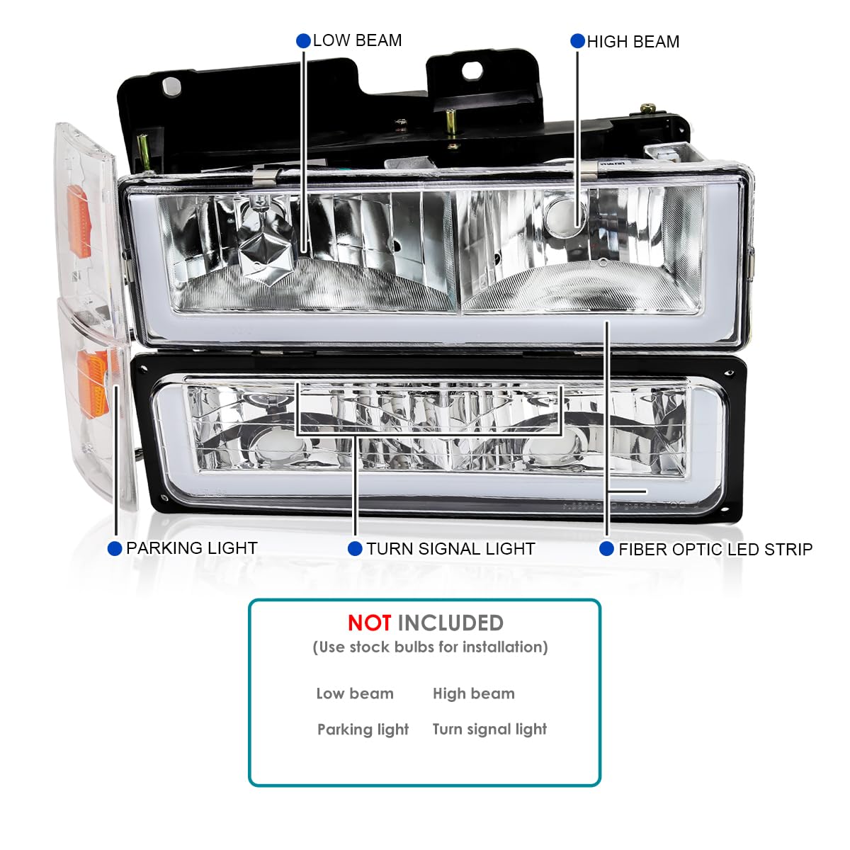 LED Tube Headlights + Bumper Lights + Corner Lights SPEC-D TUNING Compatible with 1988-1993 Chevy GMC C10 C/K Suburban, Left + Right Pair Headlamps Assembly
