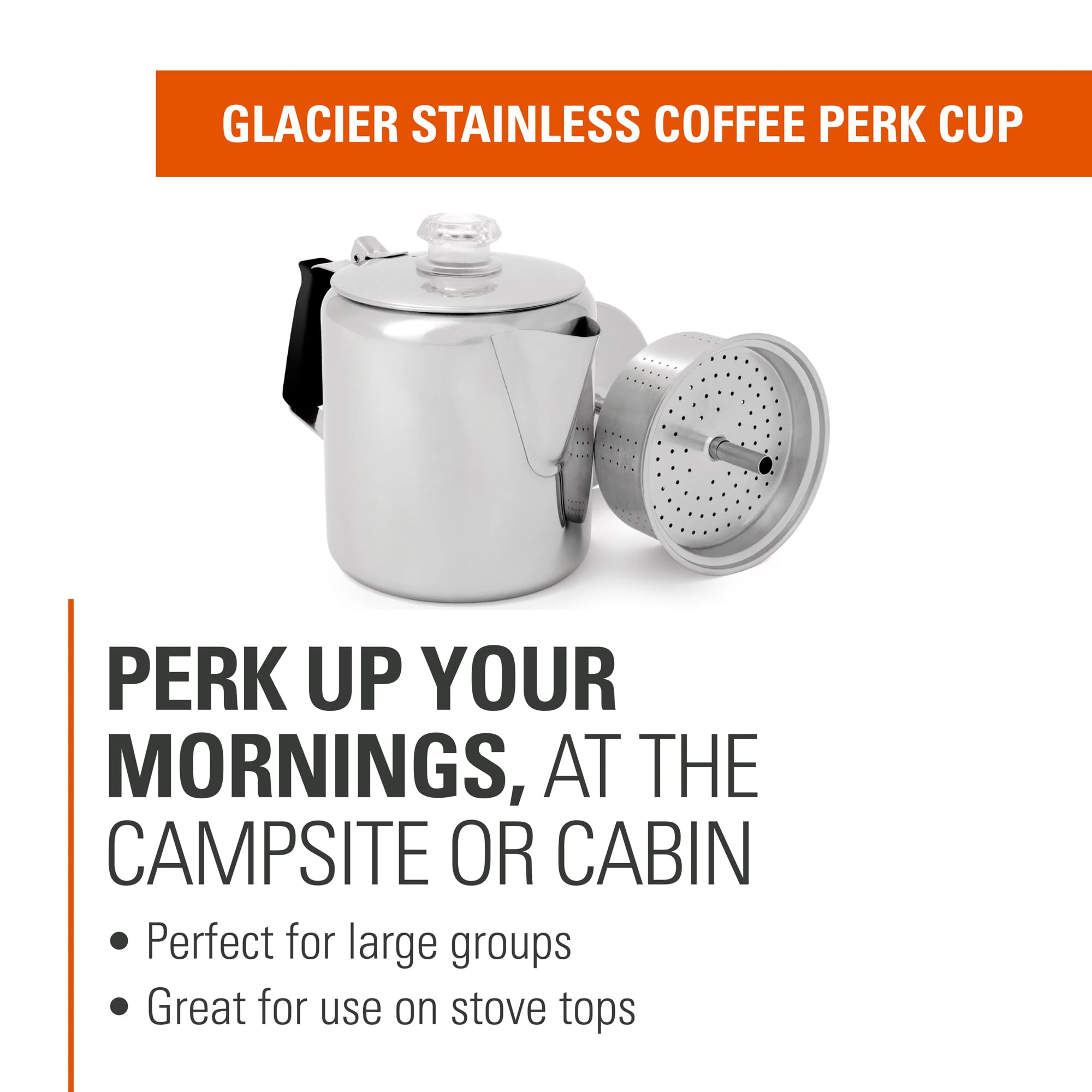 GSI Outdoors Glacier Stainless Steel Percolator Coffee Pot I with Silicone Handle for Camping, Backpacking, Travel, RV & Hunting - Stove Safe - 6 Cup