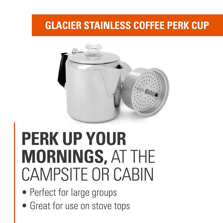 GSI Outdoors Glacier Stainless Steel Percolator Coffee Pot I with Silicone Handle for Camping, Backpacking, Travel, RV & Hunting - Stove Safe - 6 Cup