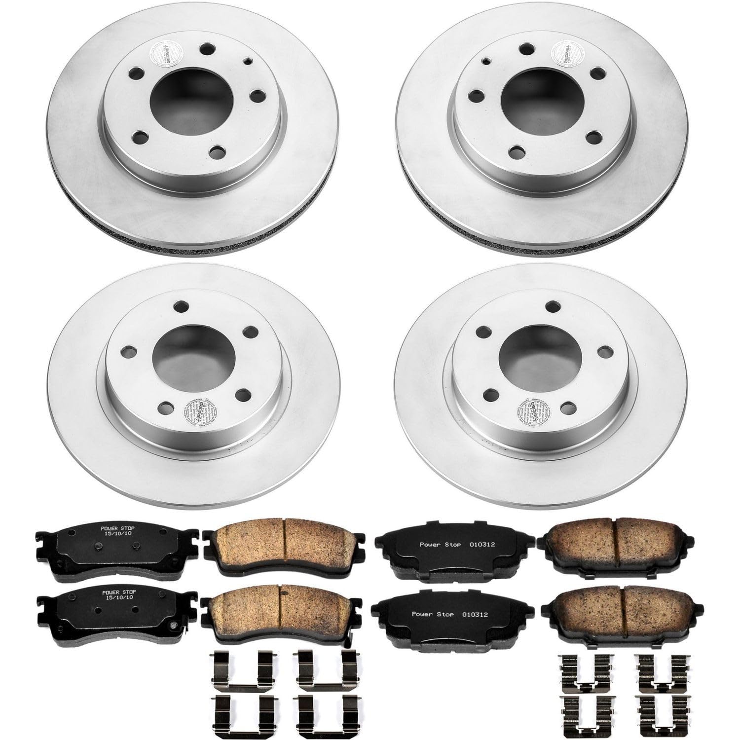 Power Stop Coated Brake Rotor CRK789 and Ceramic Brake Pads- Front & Rear For Mazda Protege 2001-2003, Mazda Protege5 2002-2003 [Model Specific]