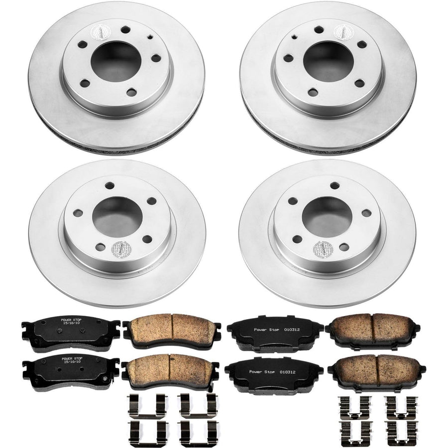 Power Stop Coated Brake Rotor CRK789 and Ceramic Brake Pads- Front & Rear For Mazda Protege 2001-2003, Mazda Protege5 2002-2003 [Model Specific]
