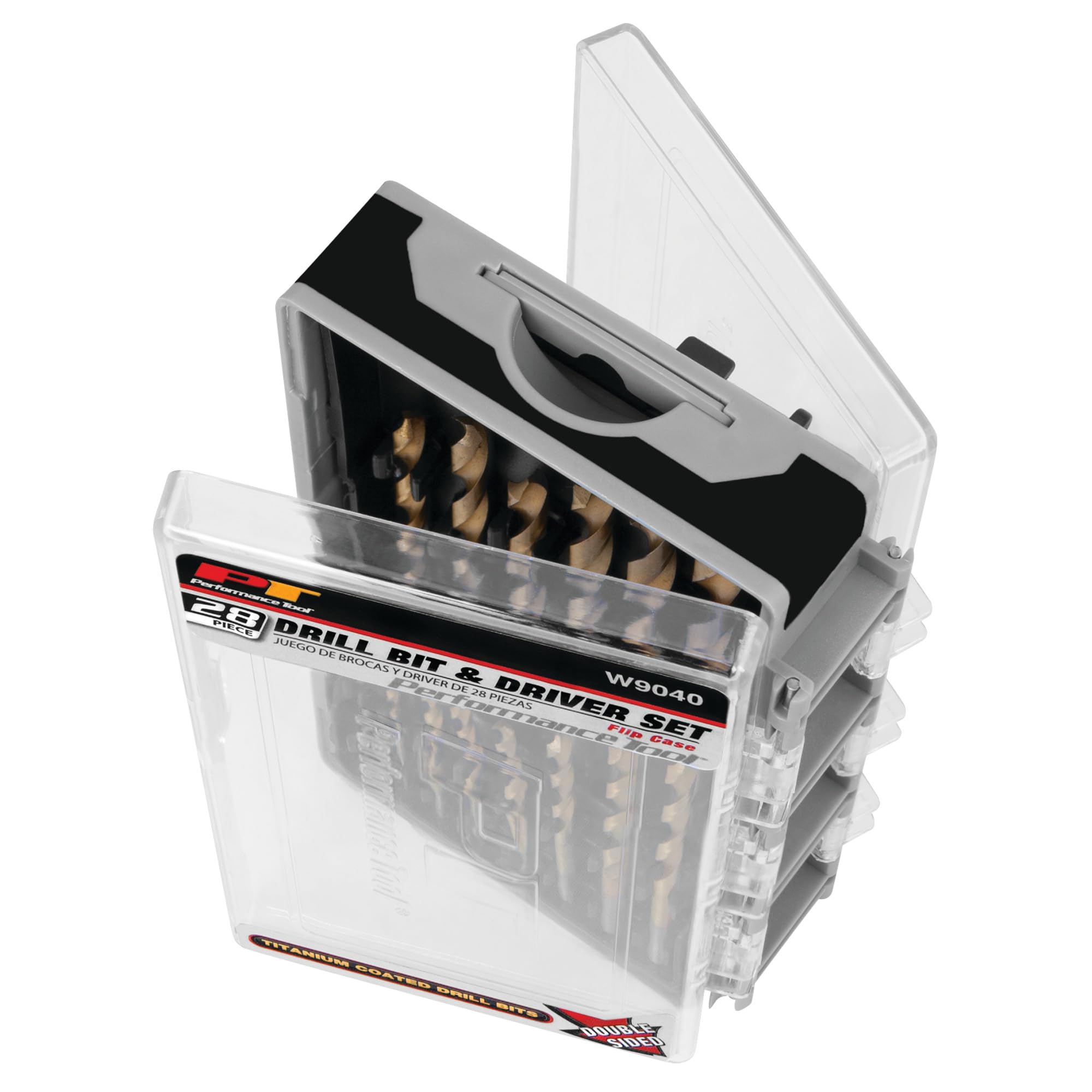 28pc Performance Tool W9040 1/4-Inch Titanium Coated Drill Bit and Driver Set with Socket Adapters, Flip Case and Hanger Tab