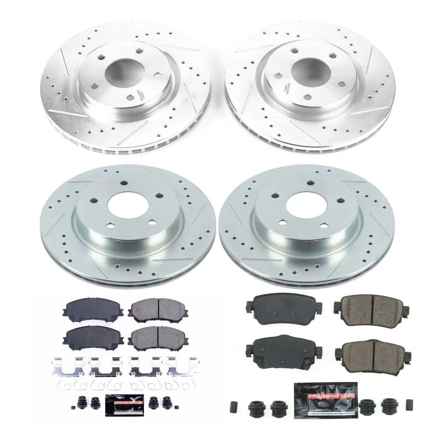Power Stop K8289 Z23 Carbon Fiber Brake Pads Front and Rear with Drilled & Slotted Brake Rotors Kit For Nissan Rogue 2018-2020, Nissan Rogue Sport 2019-2021 [Model Specific]