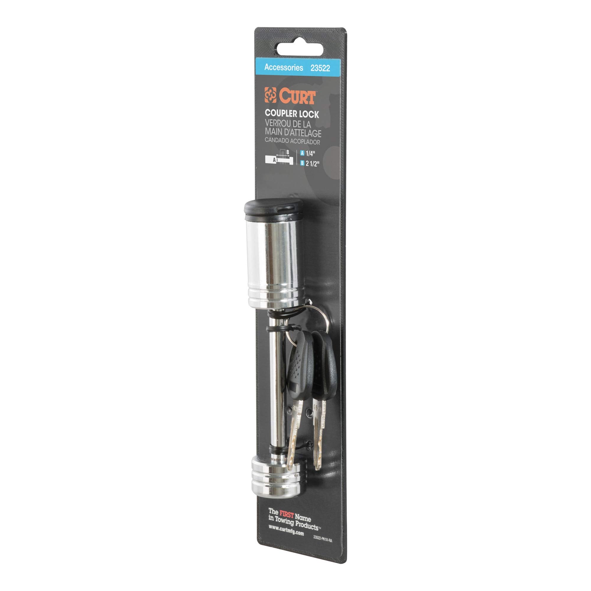 CURT Chrome Trailer Tongue Coupler Lock, 1/4-Inch Pin Diameter, Span Up to 2-1/2-Inch