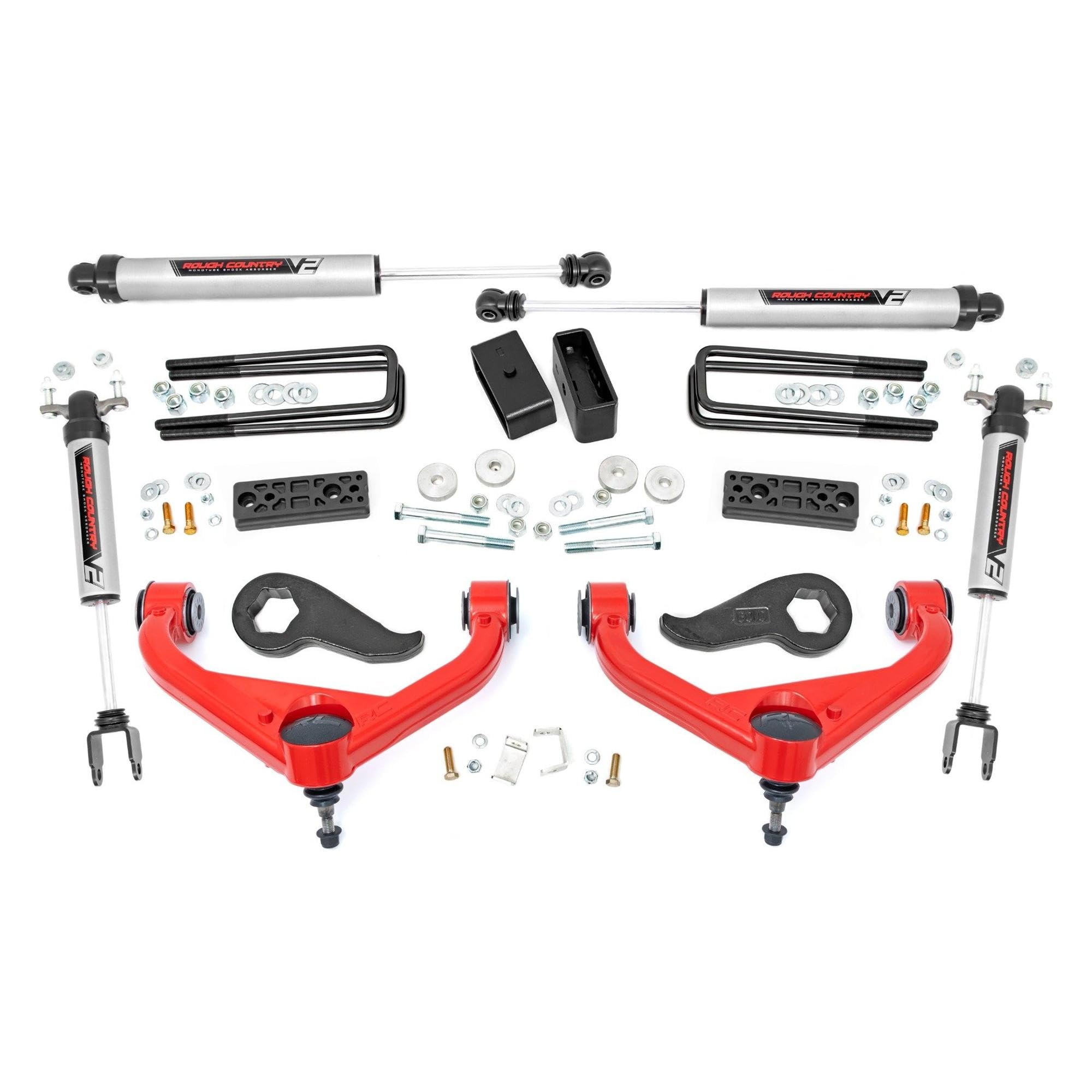Rough Country 3" Lift Kit with V2 Shocks for Dually Chevy Silverado & GMC Sierra 3500HD (2020-2025) - Red Control Arms