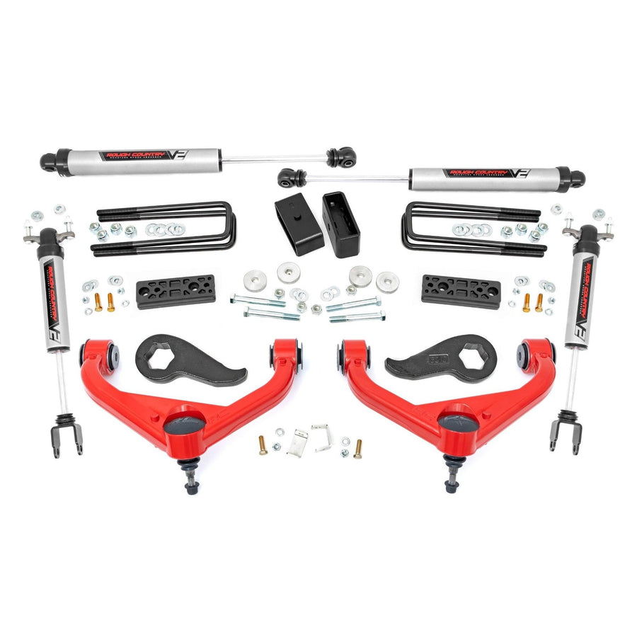 Rough Country 3" Lift Kit with V2 Shocks for Dually Chevy Silverado & GMC Sierra 3500HD (2020-2025) - Red Control Arms