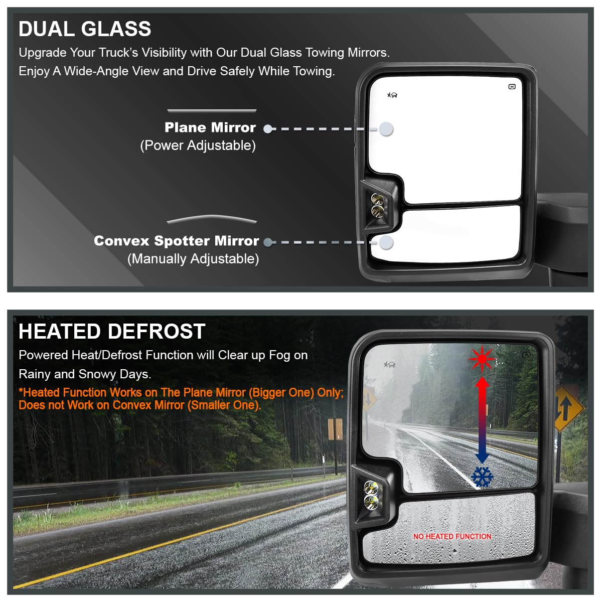 Power Spec-D Tuning Black Heated Towing Mirrors w/Smoke LED Signal, Temperature Sensor Compatible with 2020-2025 Chevy Silverado, GMC Sierra 2500HD 3500HD, Left + Right Pair