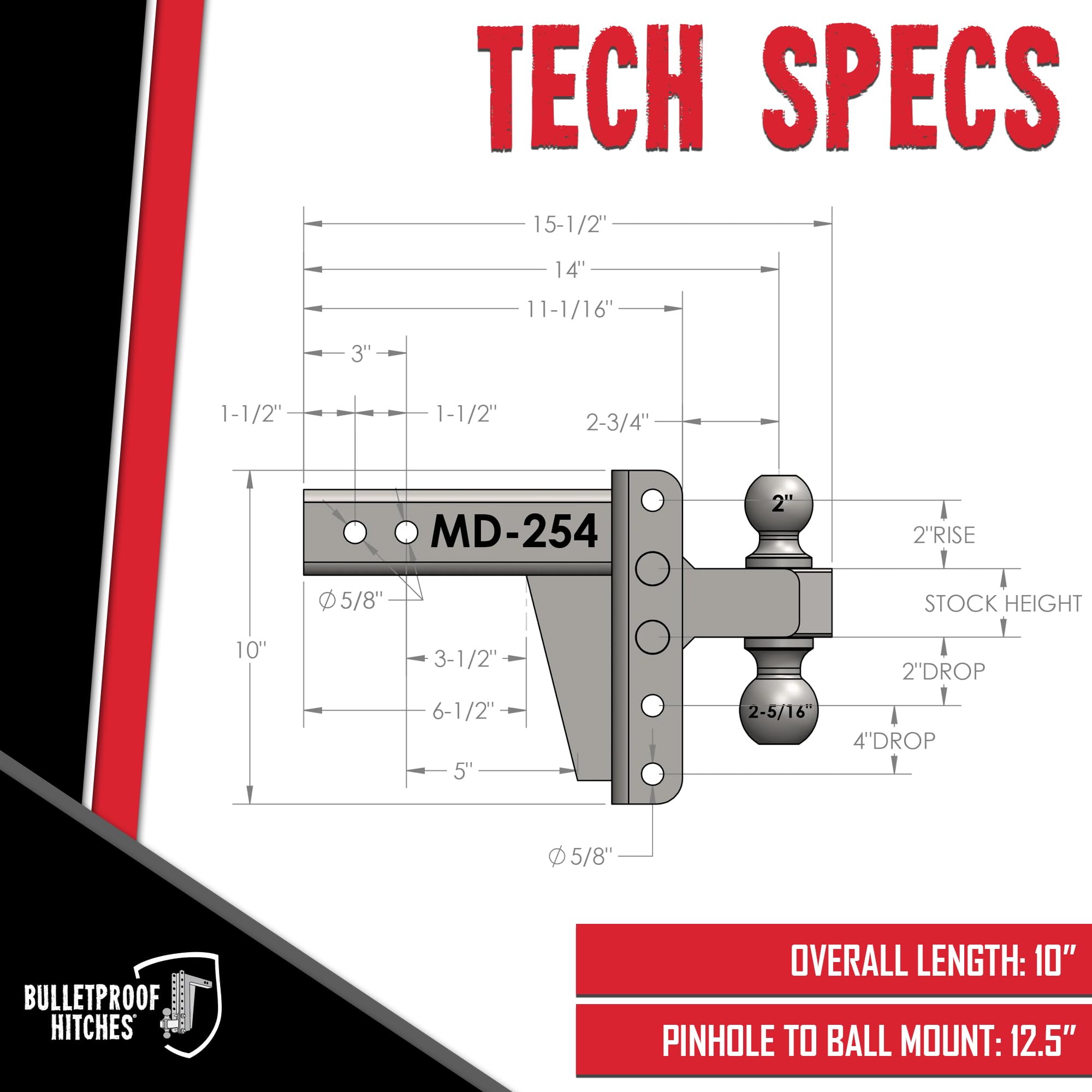 2.5" BulletProof Hitches Adjustable Medium Duty Trailer Hitch (14,000 lb. Rating) - 4" Drop/Rise Trailer Hitch with 2" & 2-5/16" Dual Ball - Powder Coat, Box Steel, Corrosion-Resistant
