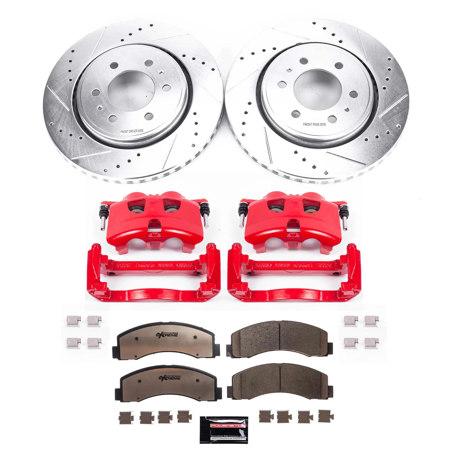 Power Stop Z23 Evolution Sport 1-Click Brake Kit with Calipers Powder Coated (Brake Pads, Drilled/Slotted Rotors) For Chevrolet Impala 1994-1996 [Model Specific]