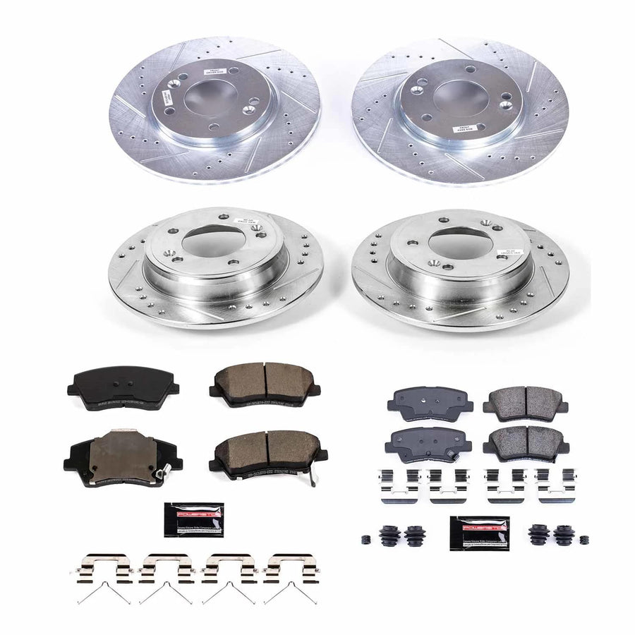 Power Stop K8508 Z23 Carbon Fiber Brake Pads Front and Rear with Drilled & Slotted Brake Rotors Kit For Hyundai Elantra GT 2018-2020 [Model Specific]