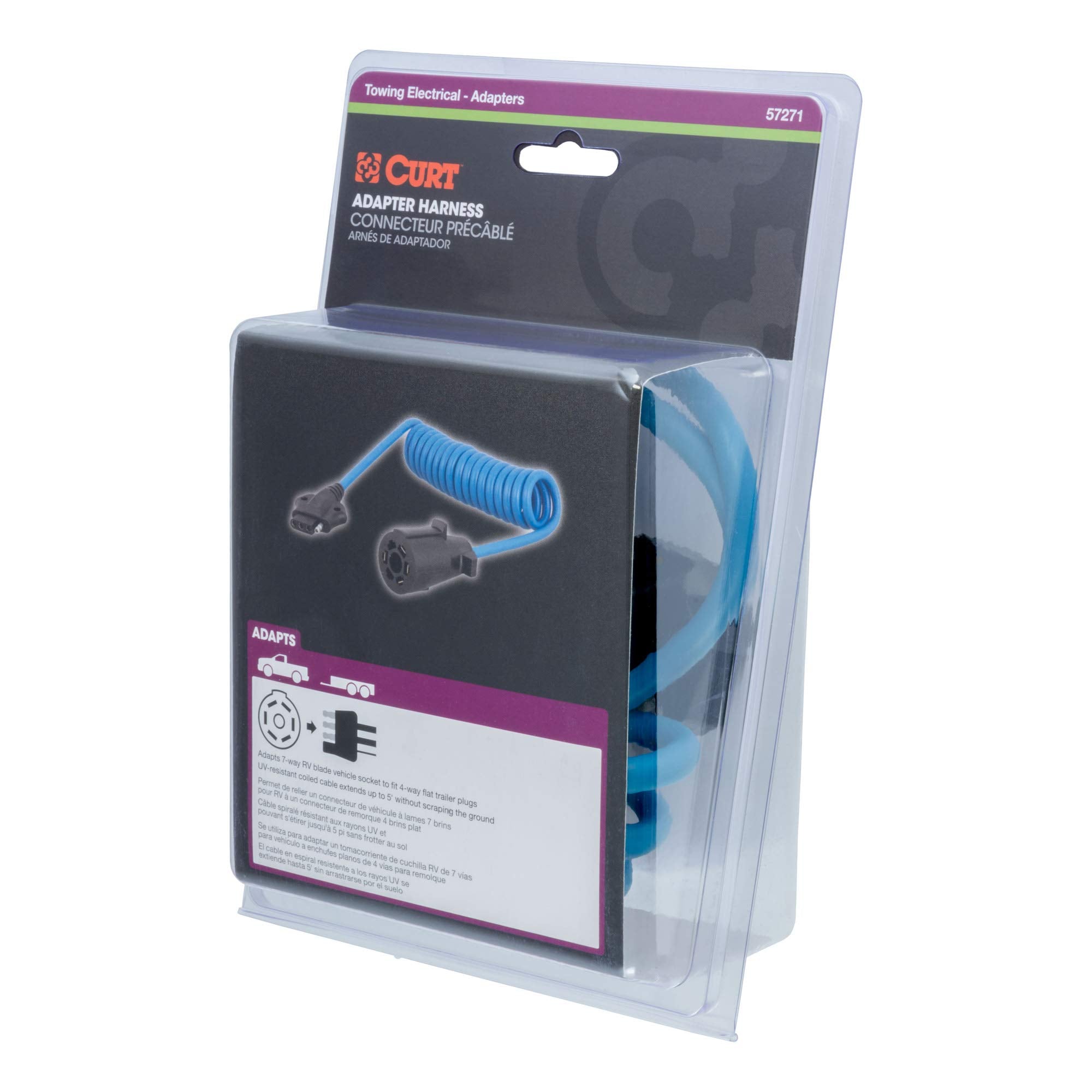 CURT 57271 4-Way Flat Trailer Wiring Adapter Extension Harness to 5-Foot 7-Way RV Blade Vehicle-Side