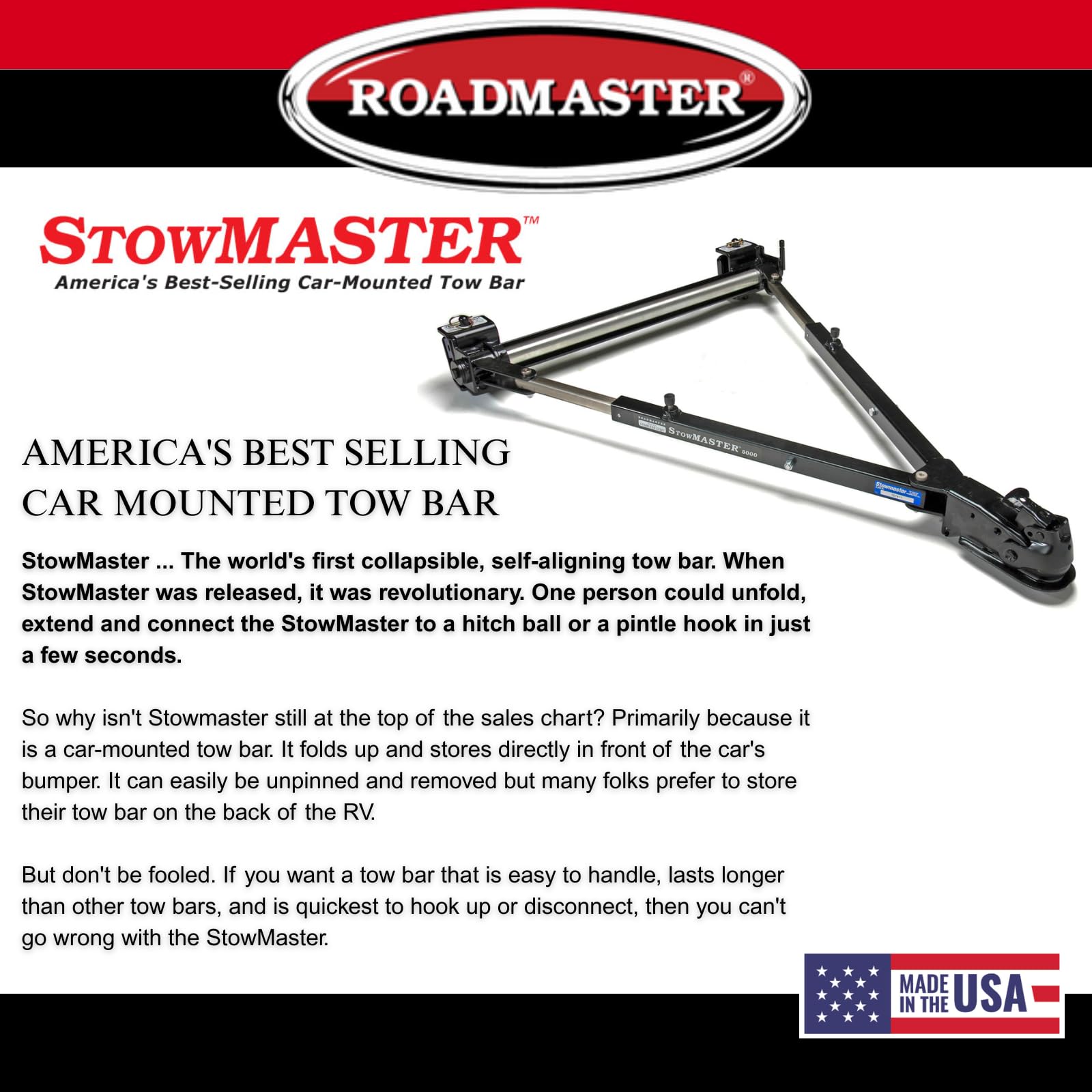 Stowmaster Roadmaster 501 Tow Bar with 2" Coupler fits Baseplates | Hauls Up to 6,000 lbs | Large Hook-Up Radius | Powder-Coated Finish | Self-lubricating Bushings
