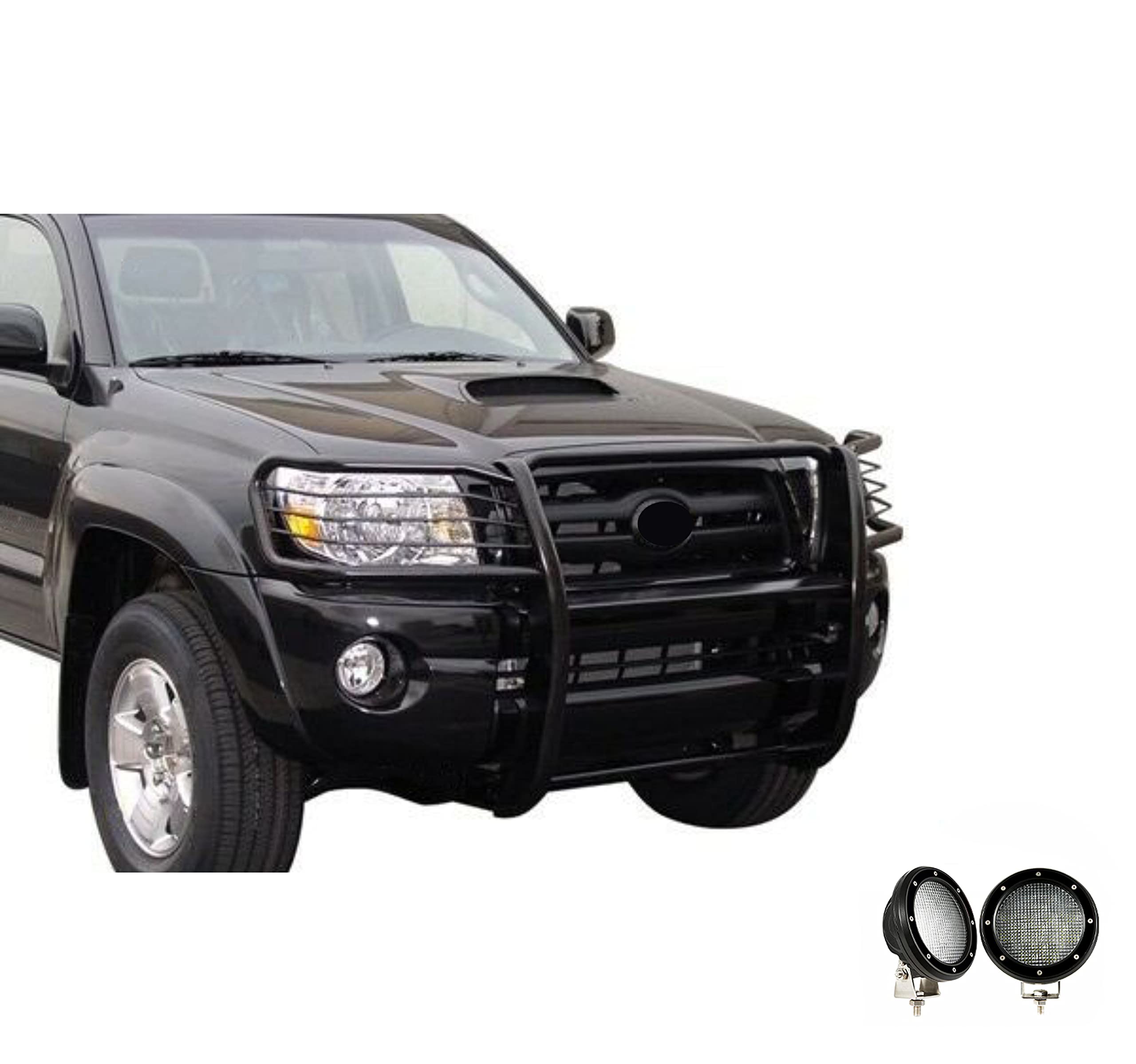 Grille Brush Black Horse Bumper Guard Modular Black Come with Pair of 5.3" Dia.LED Lights with Black Trim Rings Compatible with 2005-2015 Toyota Tacoma-17A096400MA-PLFB