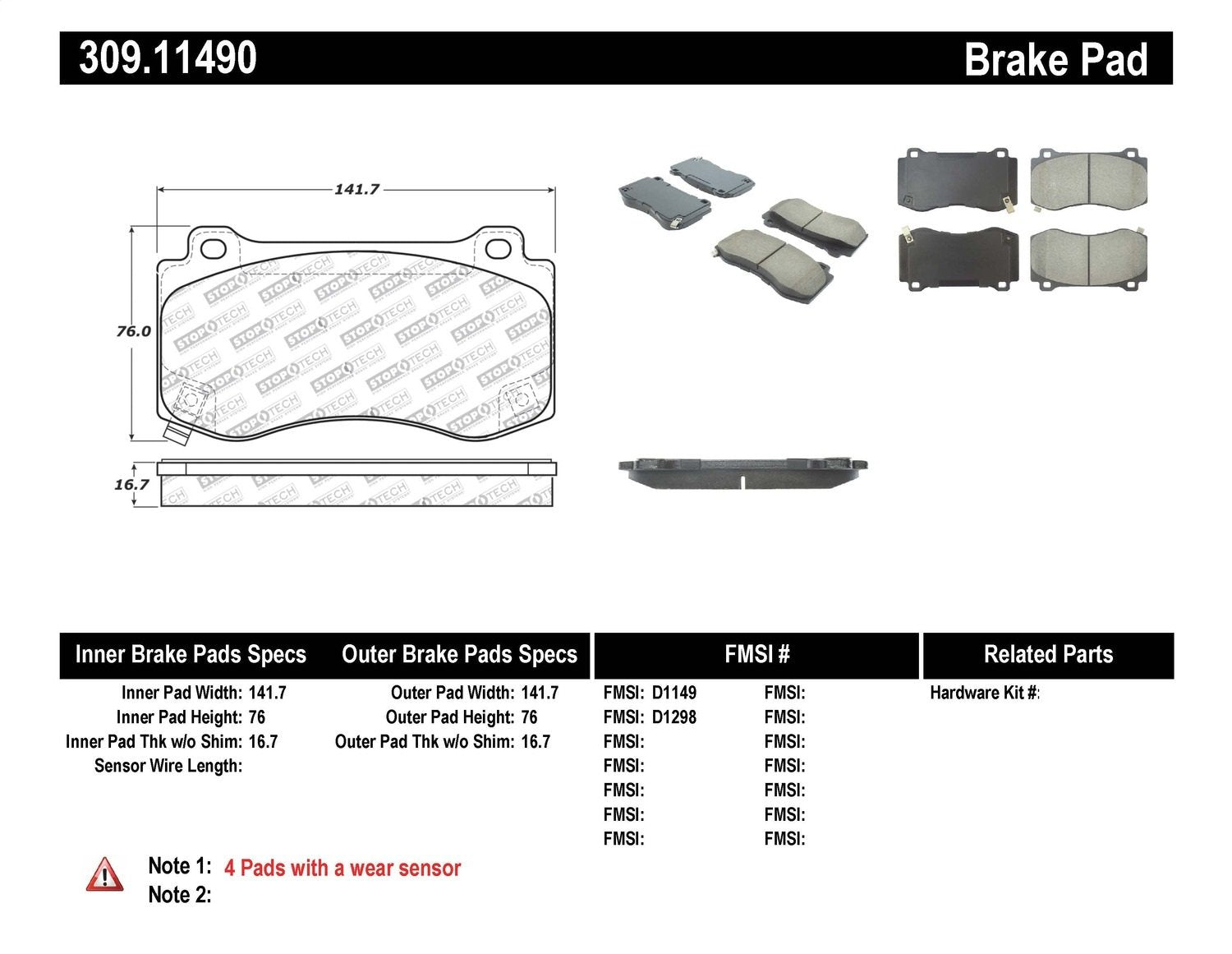 Sport Brake Pads StopTech 309.11490 with Shims and Hardware