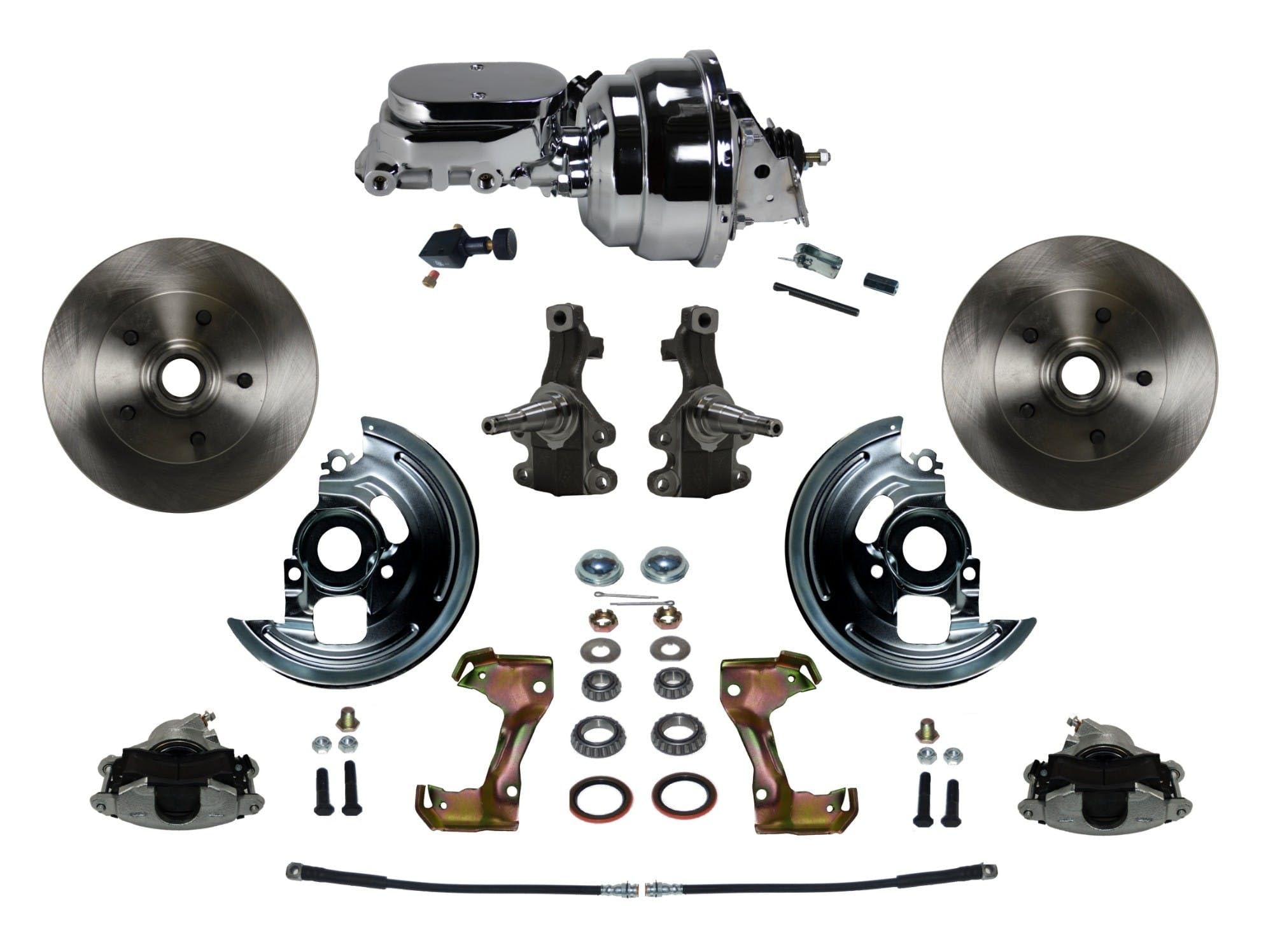 Power Brakes Leed Front Disc Brake Conversion Kit 2" Drop Spindle With 8" Dual Chrome Booster Flat Top Chrome M/C Adjustable Proportioning Valve