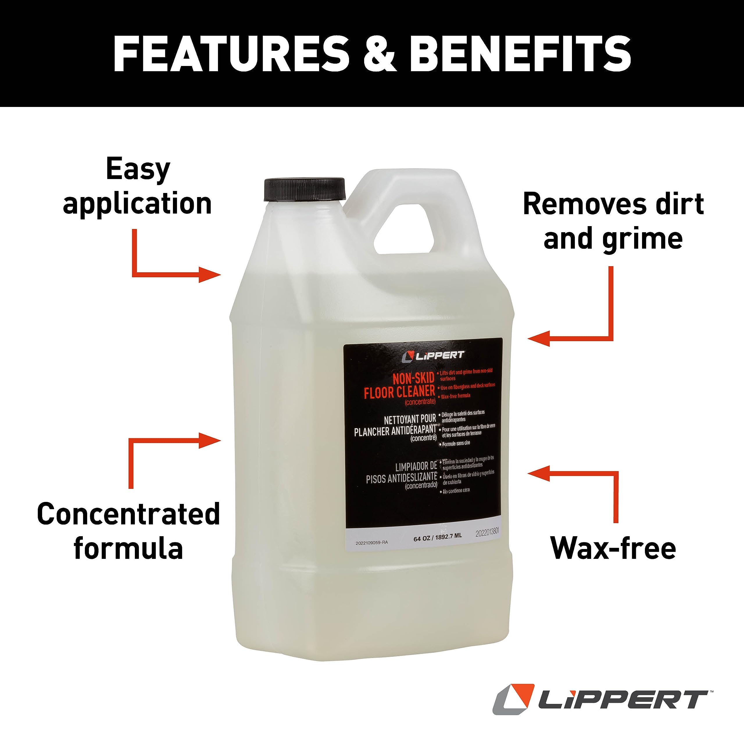 Lippert Floor Cleaner Non-Skid for Boat Interior, 64 oz., Wax-Free Formula, Removes Dirt, Use on Fiberglass Deck Surfaces, American Made – 2022013801
