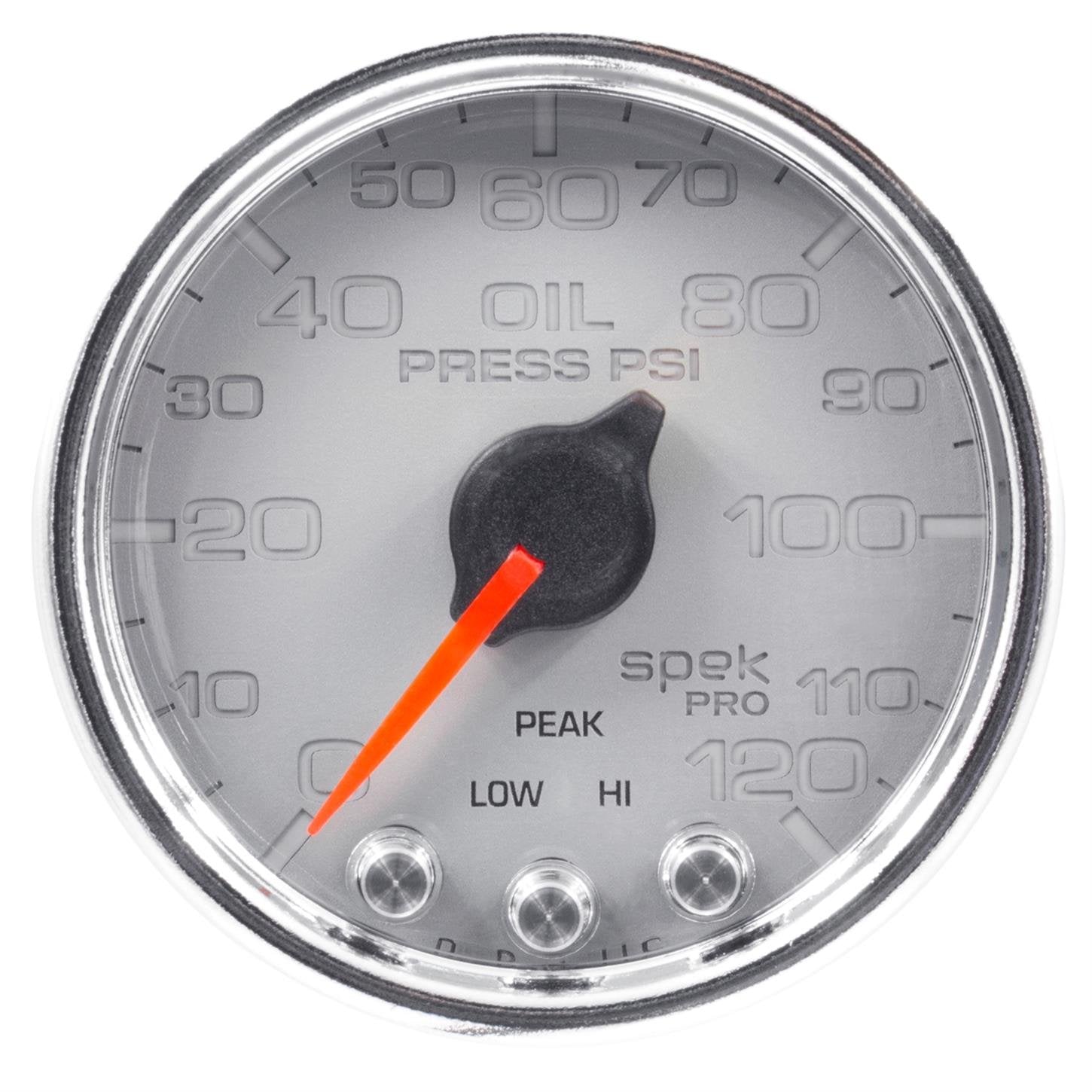 Gauge AUTO METER P32521 Oil Pressure (Spek-Pro 2 1/16", 120Psi, Stepper Motorwith Peak & Warn, Slvr/Chrm, Spek-Pro)