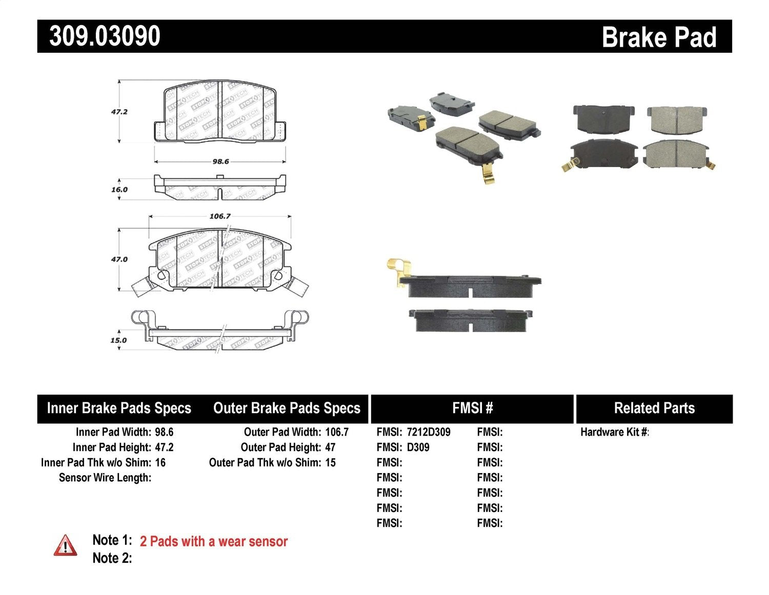Sport Brake Pads StopTech 309.03090 with Shims and Hardware